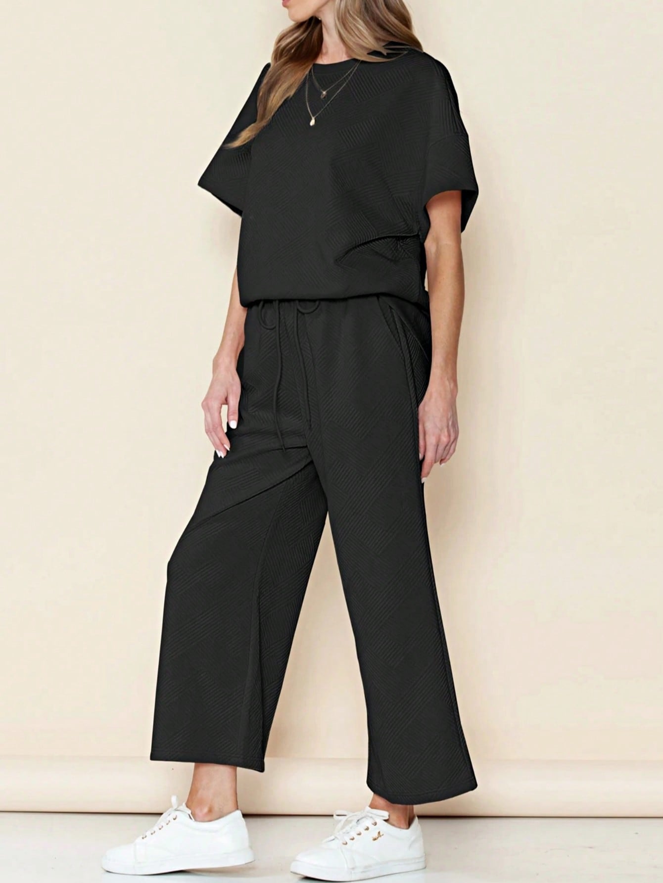 Boho Retro 60's Viscose Ribbed Knit Drop Shoulder Dolman V Neck Top & Pants Loungewear Set
