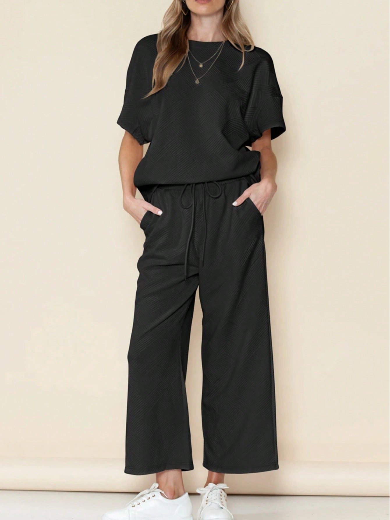Boho Retro 60's Viscose Ribbed Knit Drop Shoulder Dolman V Neck Top & Pants Loungewear Set