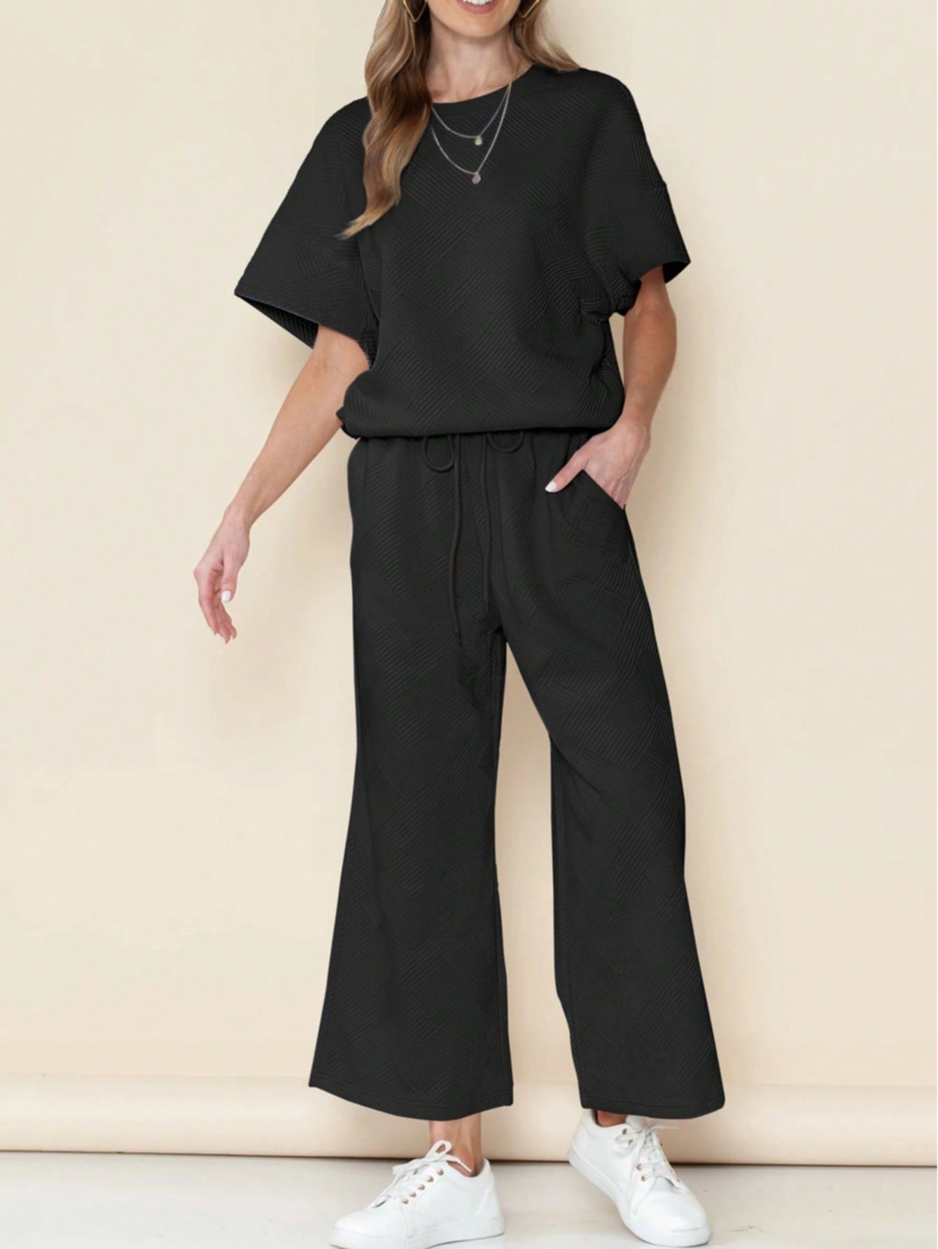 Boho Retro 60's Viscose Ribbed Knit Drop Shoulder Dolman V Neck Top & Pants Loungewear Set