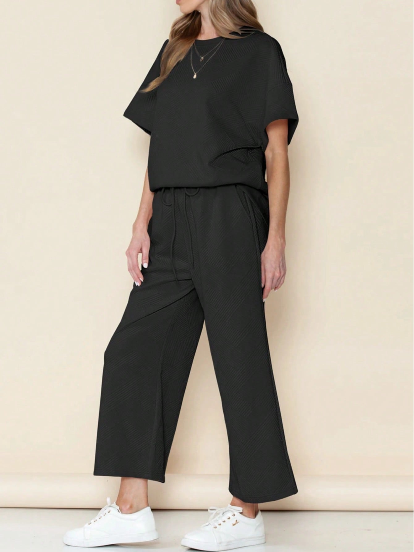 Boho Retro 60's Viscose Ribbed Knit Drop Shoulder Dolman V Neck Top & Pants Loungewear Set