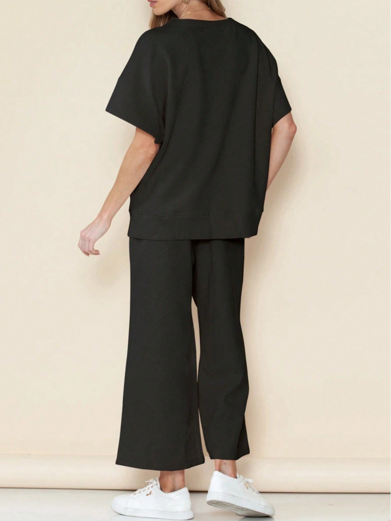 Boho Retro 60's Viscose Ribbed Knit Drop Shoulder Dolman V Neck Top & Pants Loungewear Set