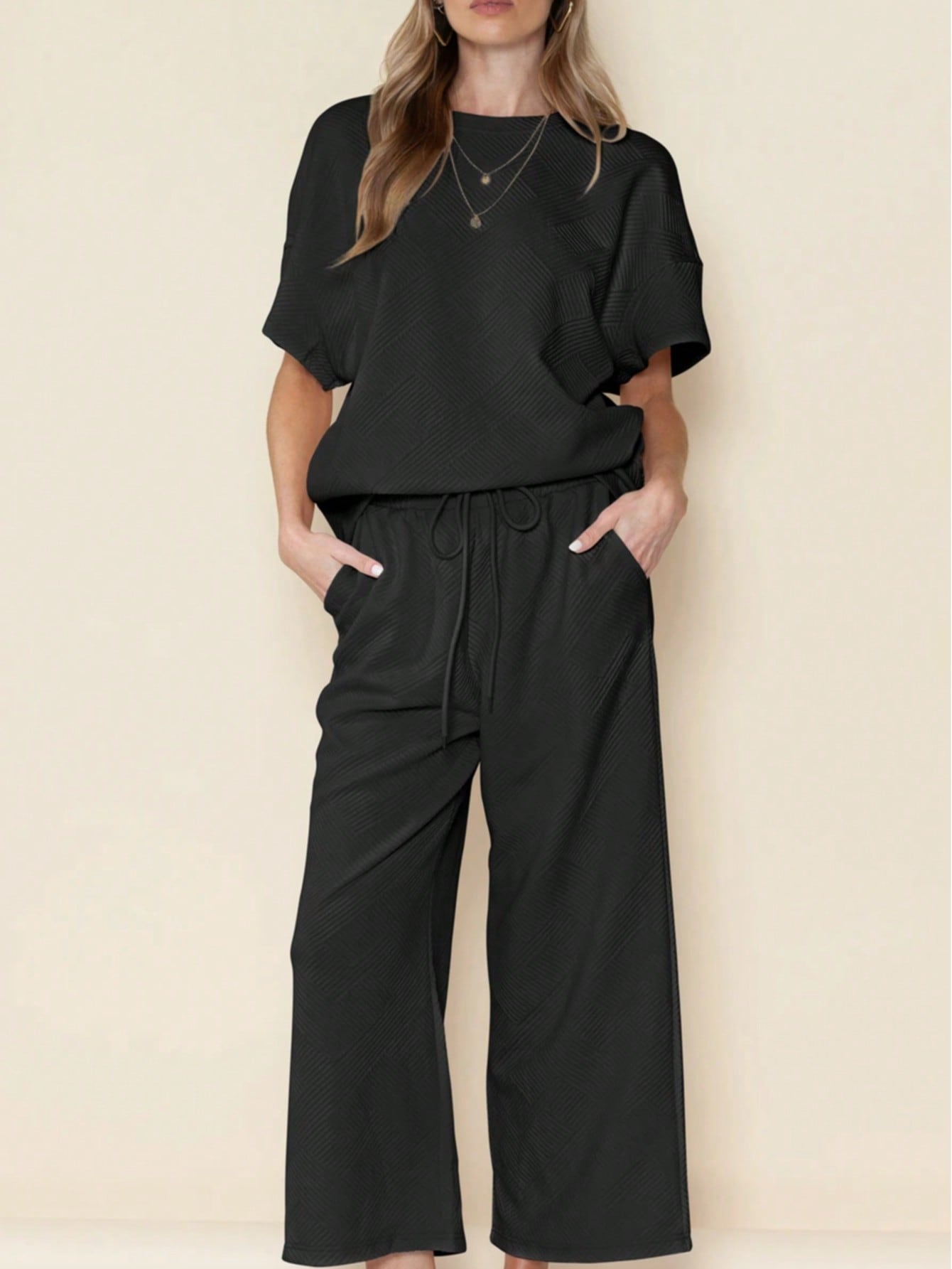 Boho Retro 60's Viscose Ribbed Knit Drop Shoulder Dolman V Neck Top & Pants Loungewear Set