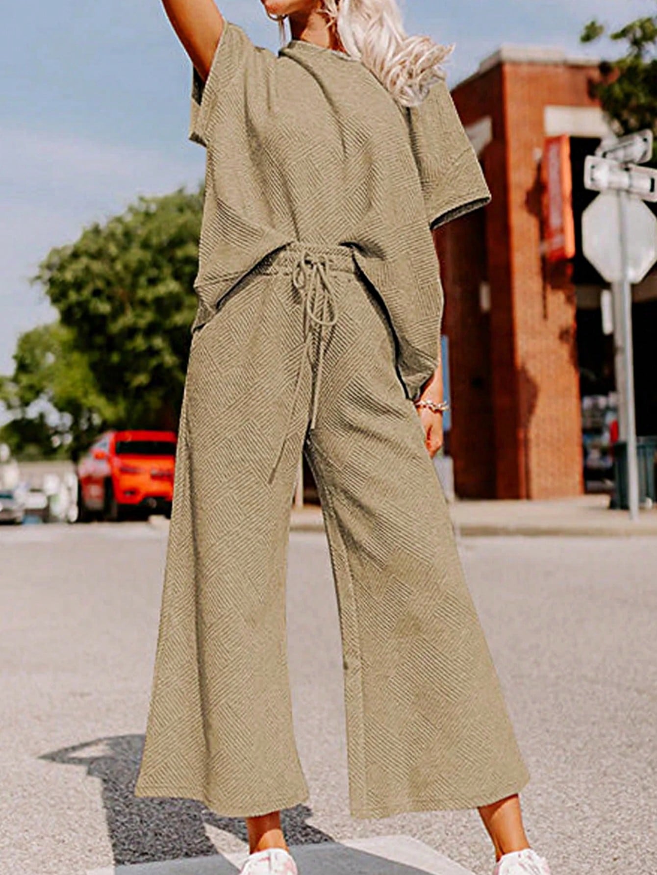 Boho Retro 60's Viscose Ribbed Knit Drop Shoulder Dolman V Neck Top & Pants Loungewear Set