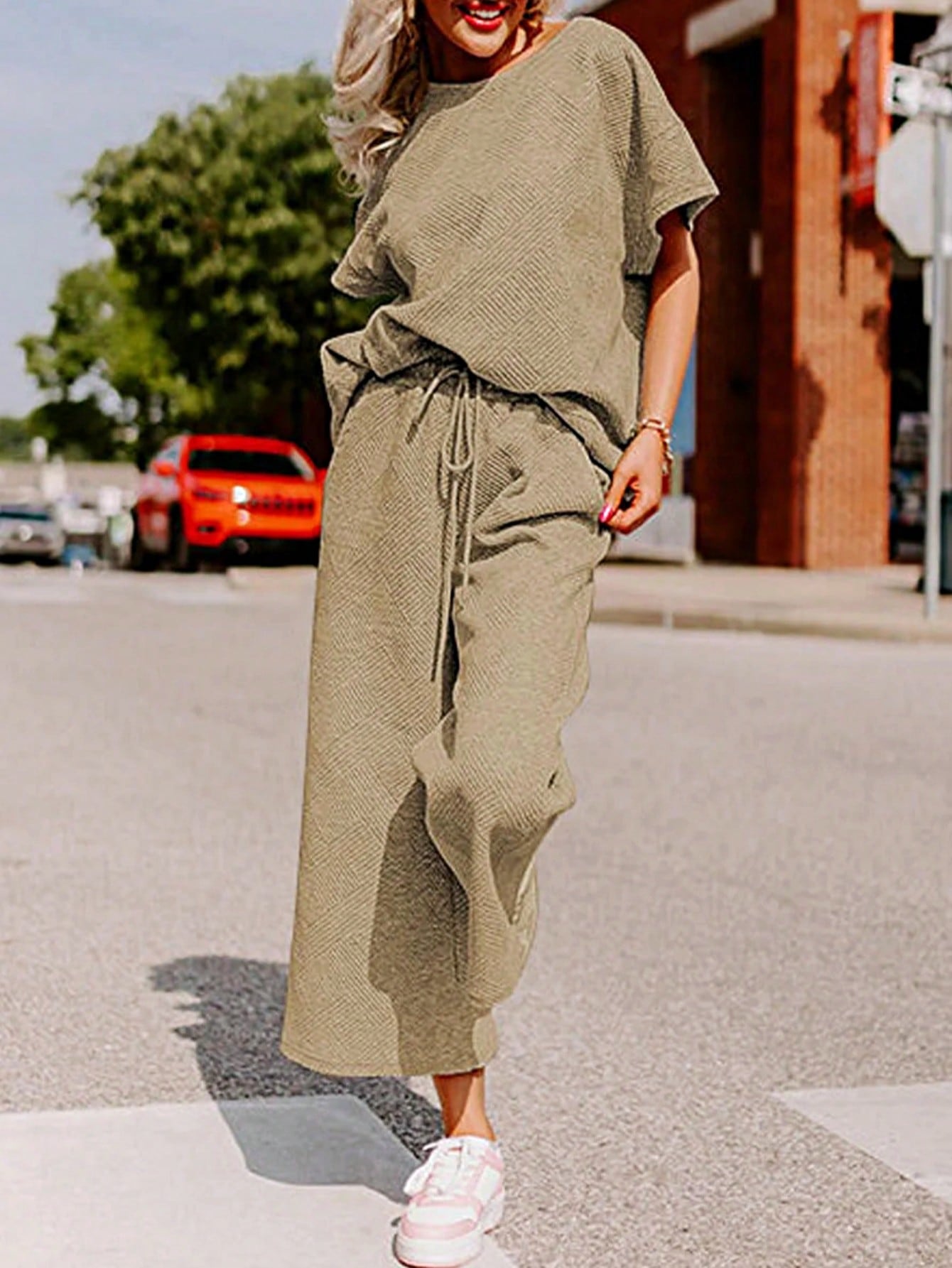 Boho Retro 60's Viscose Ribbed Knit Drop Shoulder Dolman V Neck Top & Pants Loungewear Set