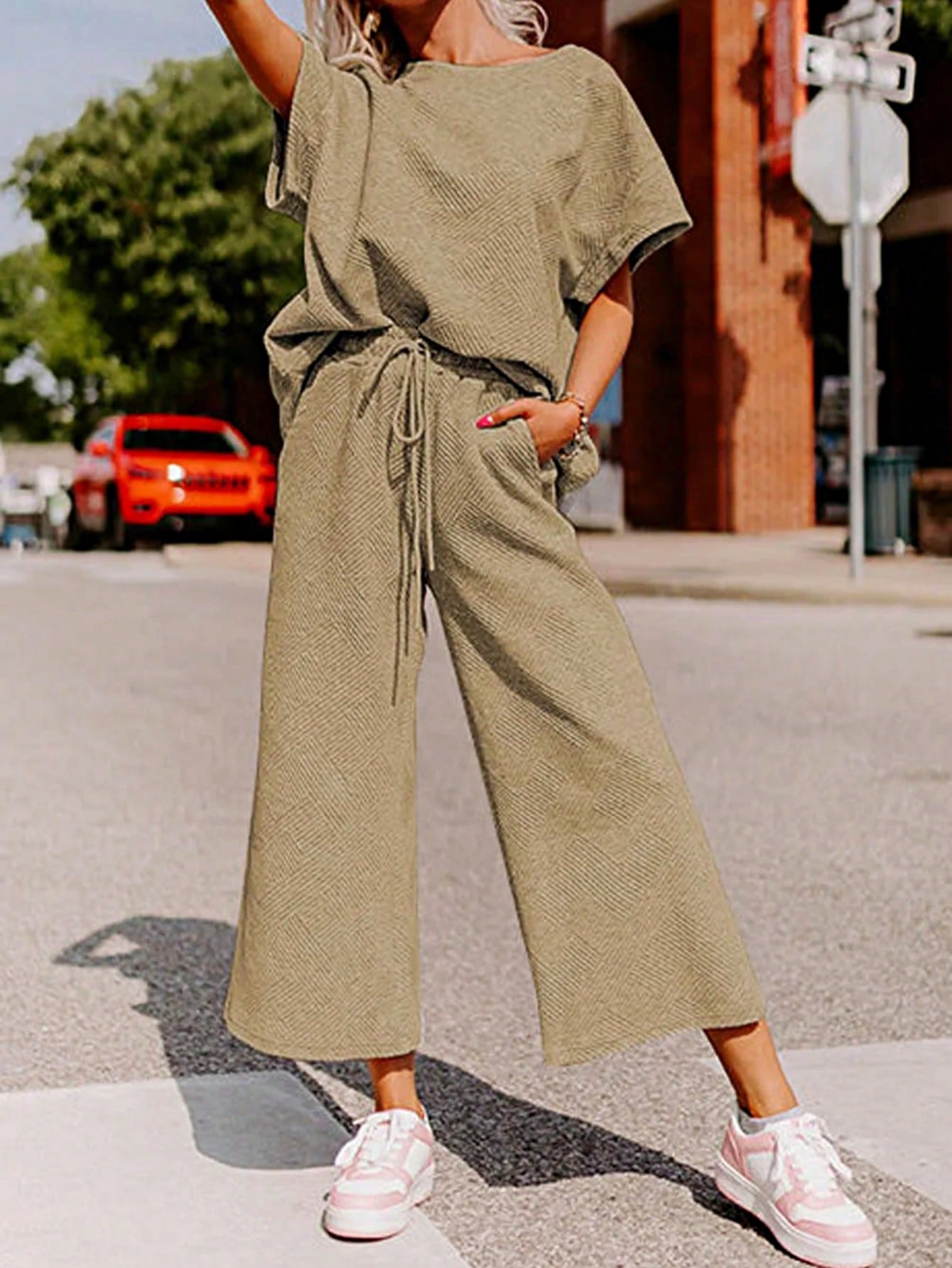 Boho Retro 60's Viscose Ribbed Knit Drop Shoulder Dolman V Neck Top & Pants Loungewear Set