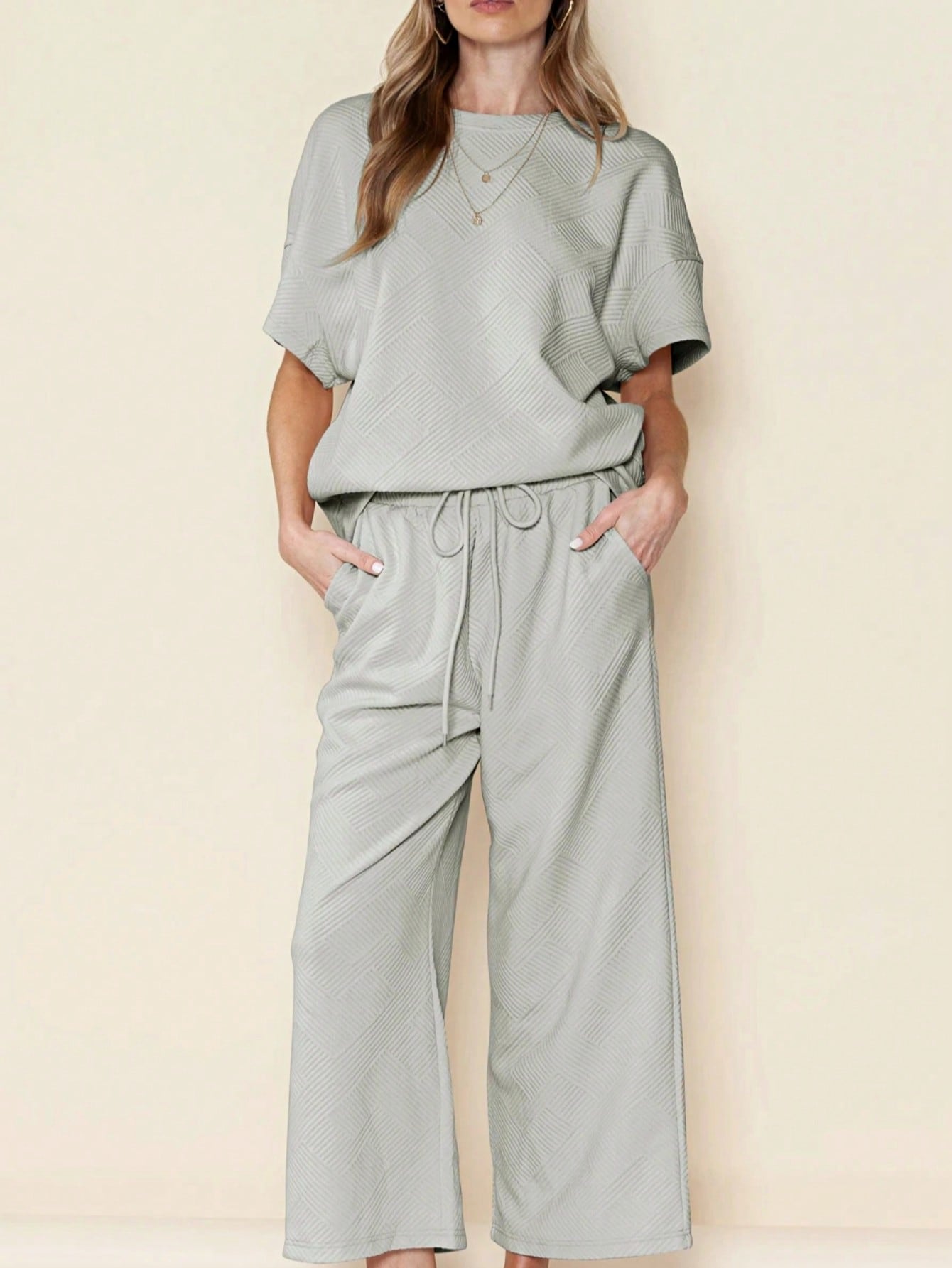Boho Retro 60's Viscose Ribbed Knit Drop Shoulder Dolman V Neck Top & Pants Loungewear Set