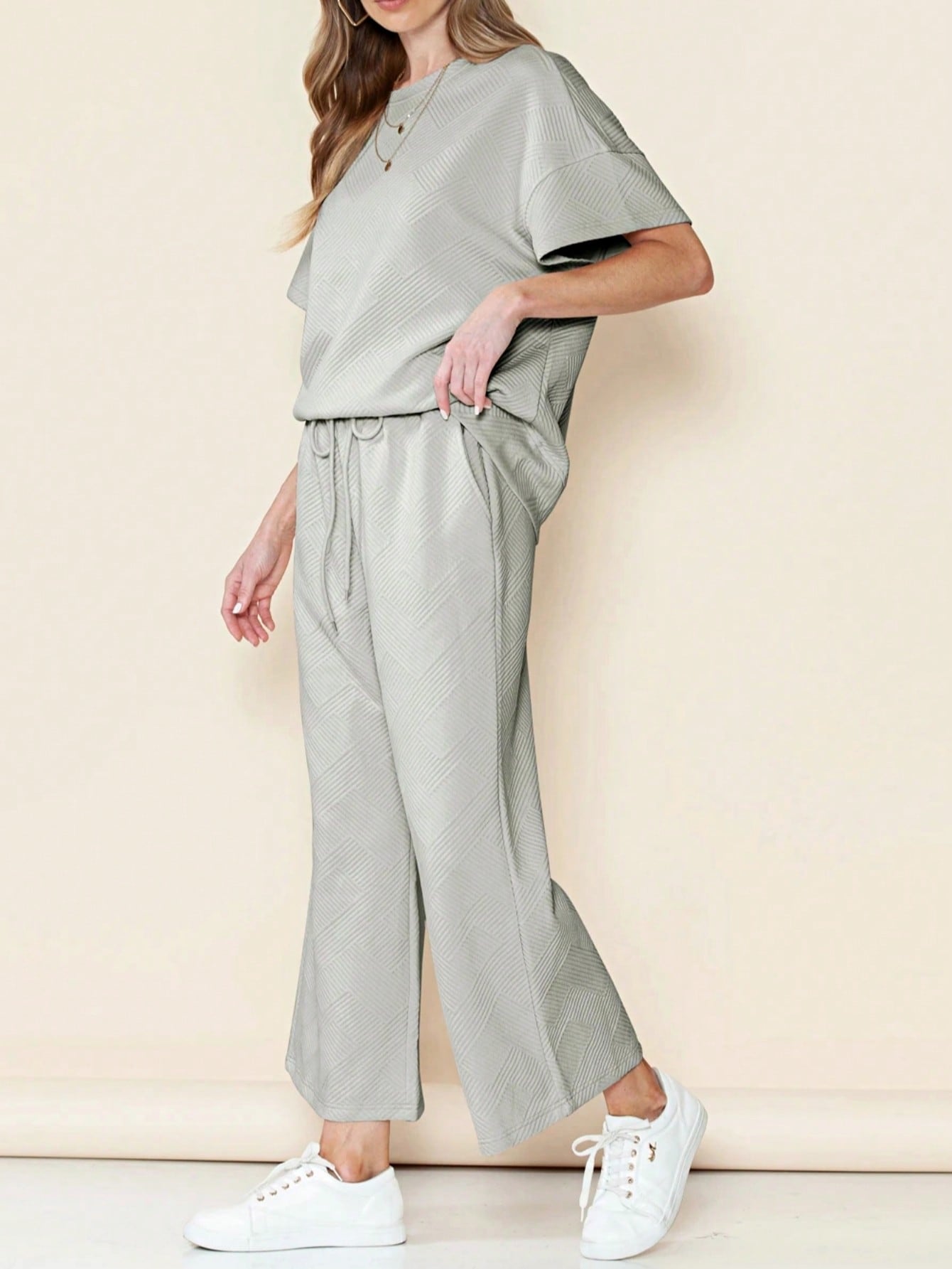 Boho Retro 60's Viscose Ribbed Knit Drop Shoulder Dolman V Neck Top & Pants Loungewear Set