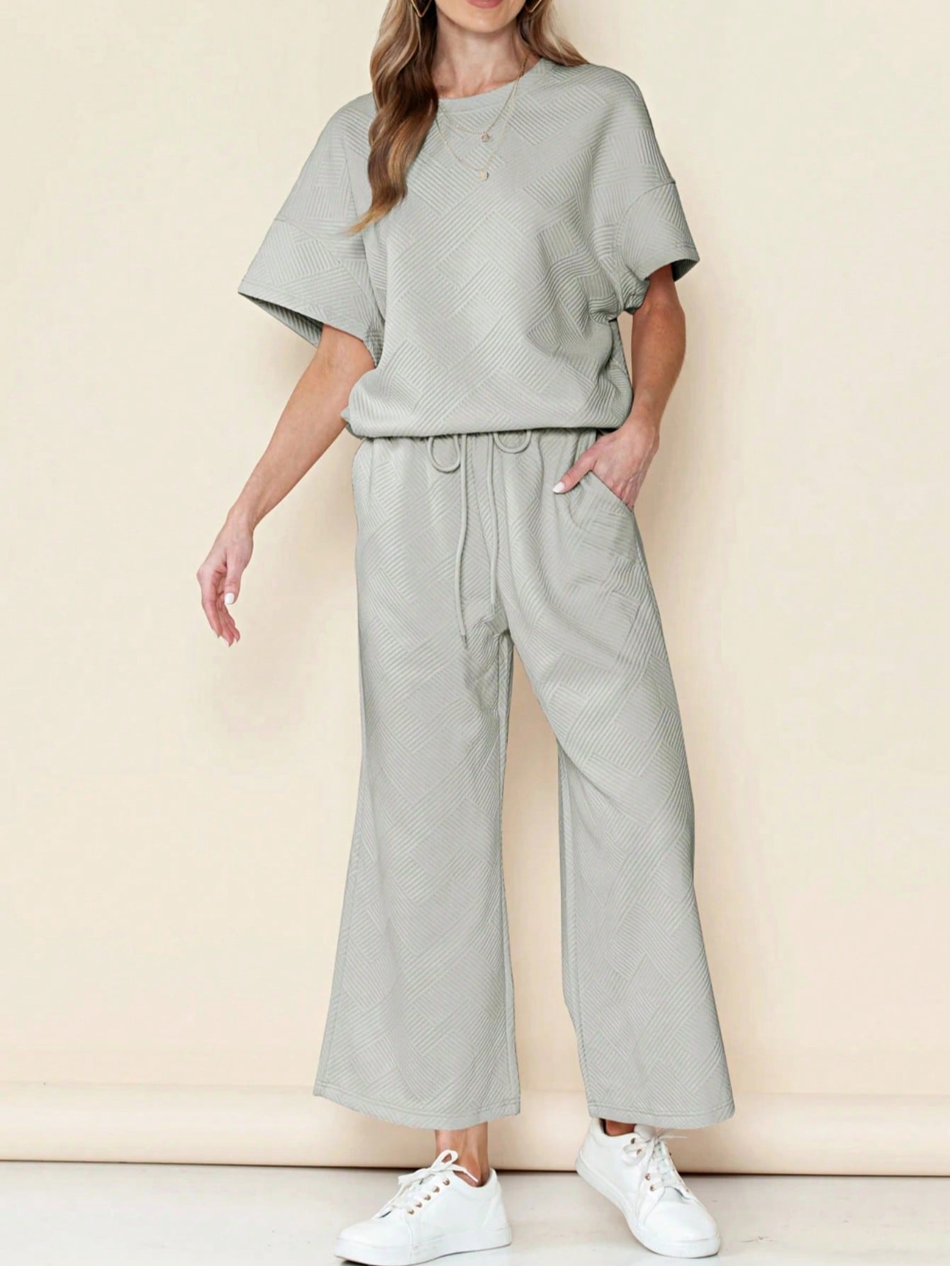Boho Retro 60's Viscose Ribbed Knit Drop Shoulder Dolman V Neck Top & Pants Loungewear Set