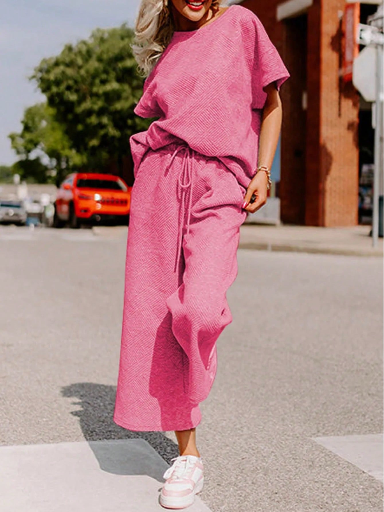 Boho Retro 60's Viscose Ribbed Knit Drop Shoulder Dolman V Neck Top & Pants Loungewear Set