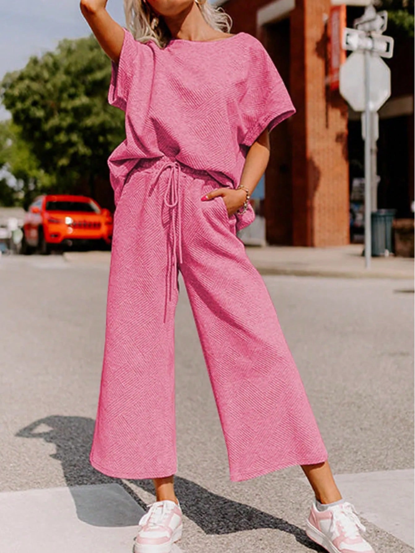 Boho Retro 60's Viscose Ribbed Knit Drop Shoulder Dolman V Neck Top & Pants Loungewear Set