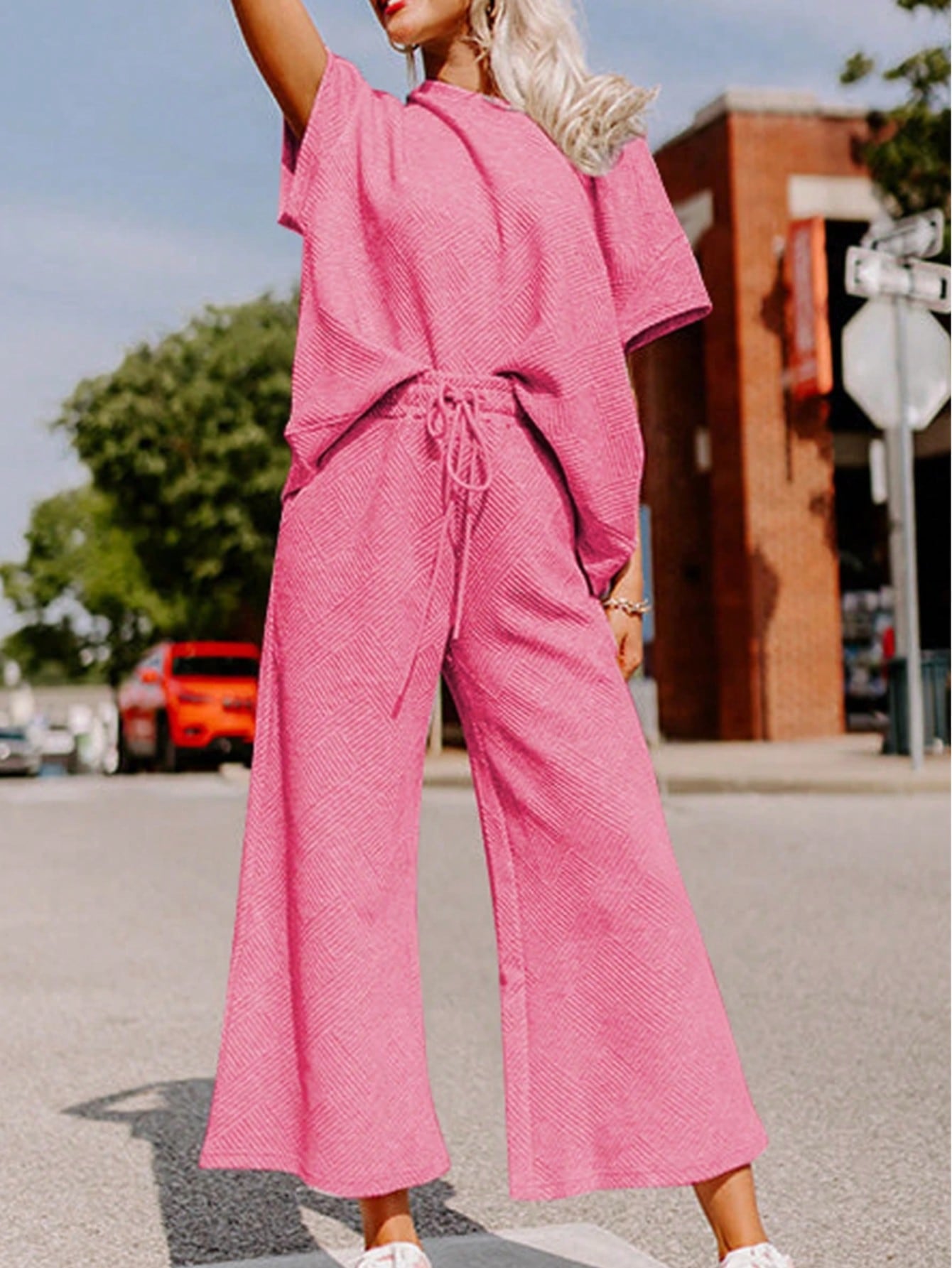 Boho Retro 60's Viscose Ribbed Knit Drop Shoulder Dolman V Neck Top & Pants Loungewear Set