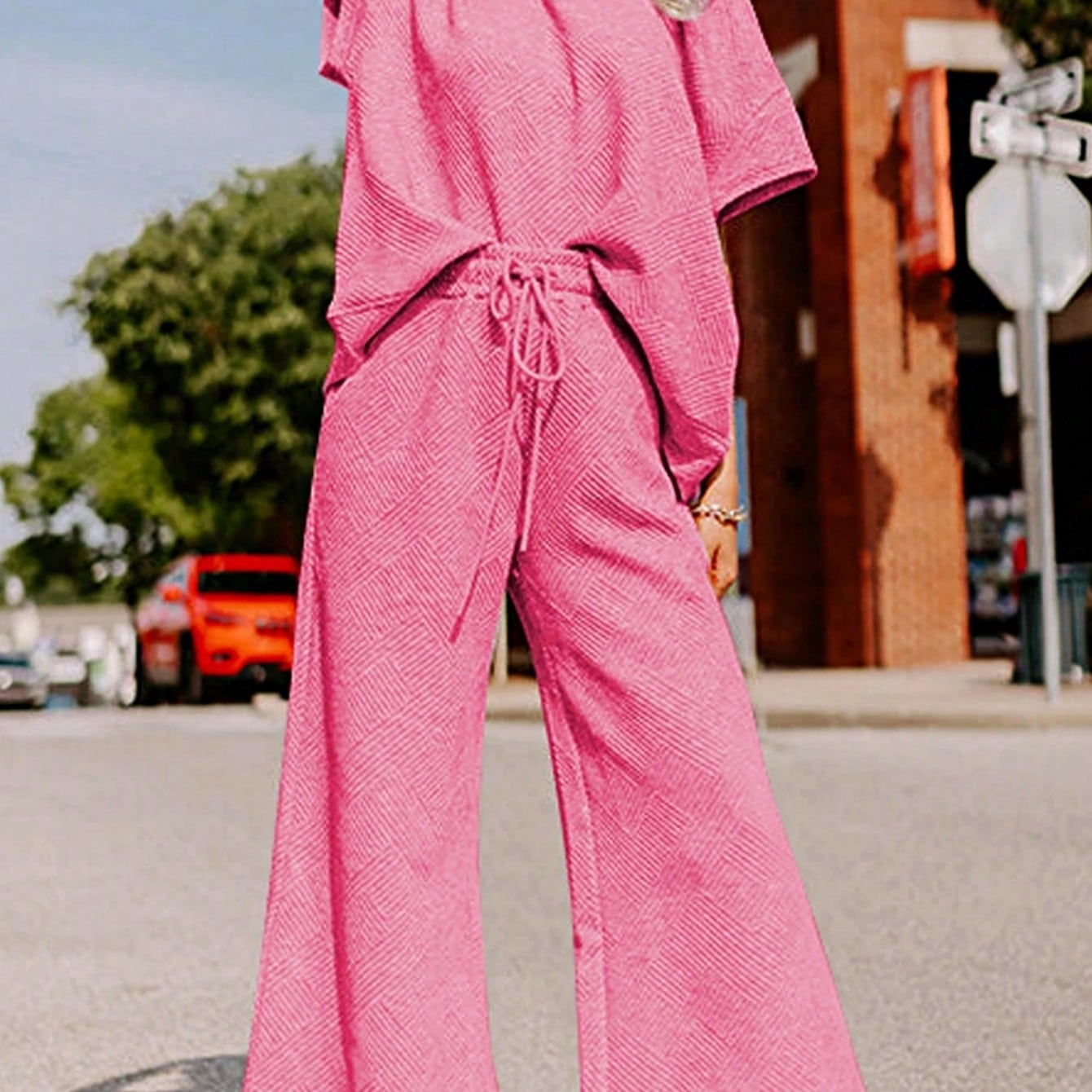 Boho Retro 60's Viscose Ribbed Knit Drop Shoulder Dolman V Neck Top & Pants Loungewear Set