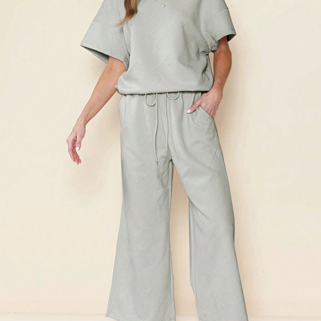 Boho Retro 60's Viscose Ribbed Knit Drop Shoulder Dolman V Neck Top & Pants Loungewear Set