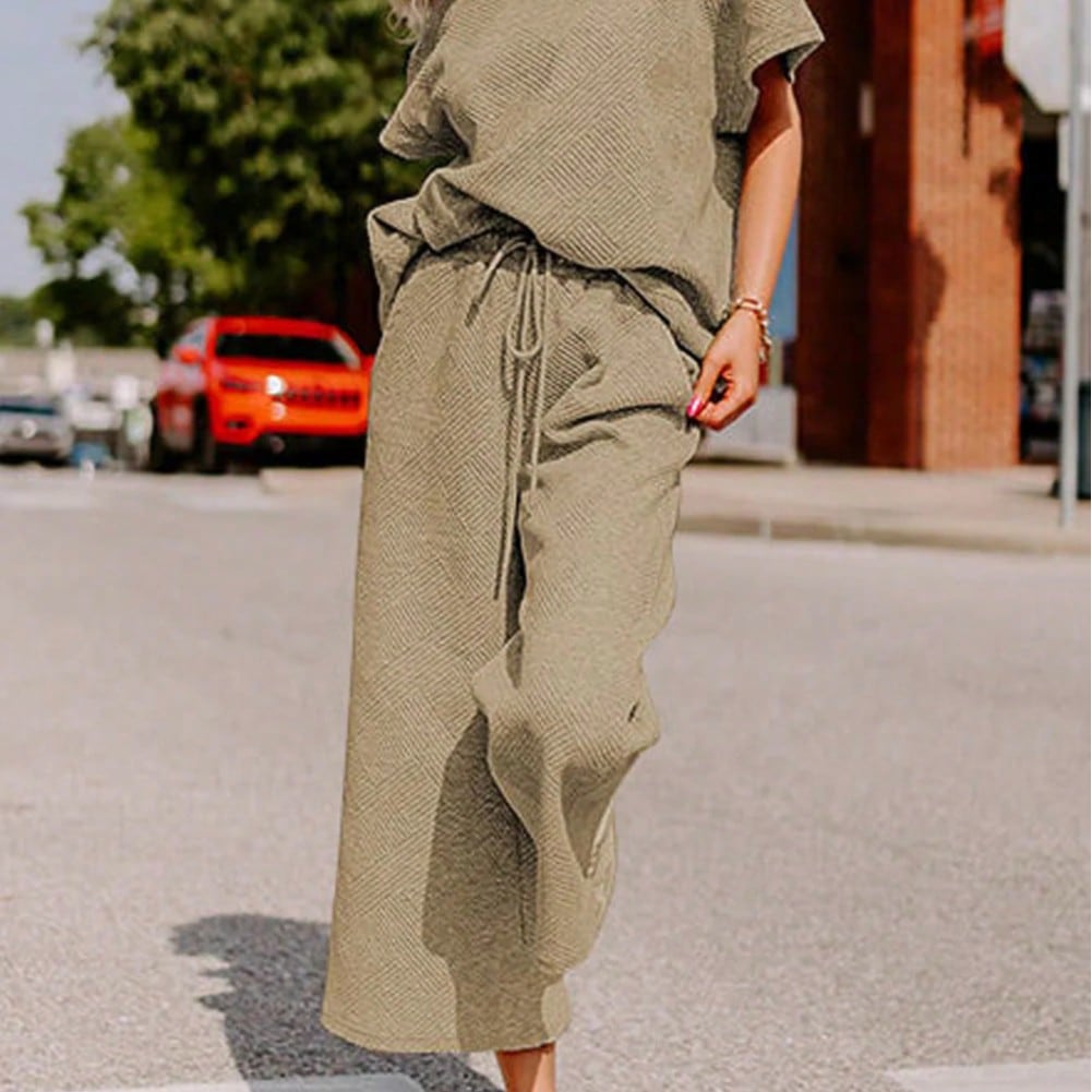 Boho Retro 60's Viscose Ribbed Knit Drop Shoulder Dolman V Neck Top & Pants Loungewear Set