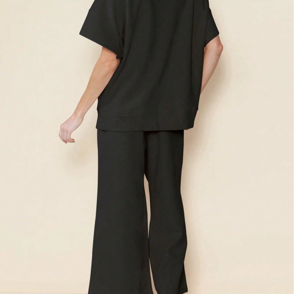 Boho Retro 60's Viscose Ribbed Knit Drop Shoulder Dolman V Neck Top & Pants Loungewear Set