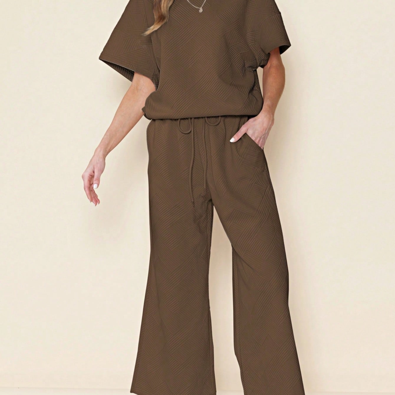 Boho Retro 60's Viscose Ribbed Knit Drop Shoulder Dolman V Neck Top & Pants Loungewear Set