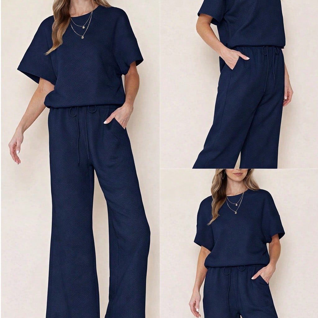 Boho Retro 60's Viscose Ribbed Knit Drop Shoulder Dolman V Neck Top & Pants Loungewear Set