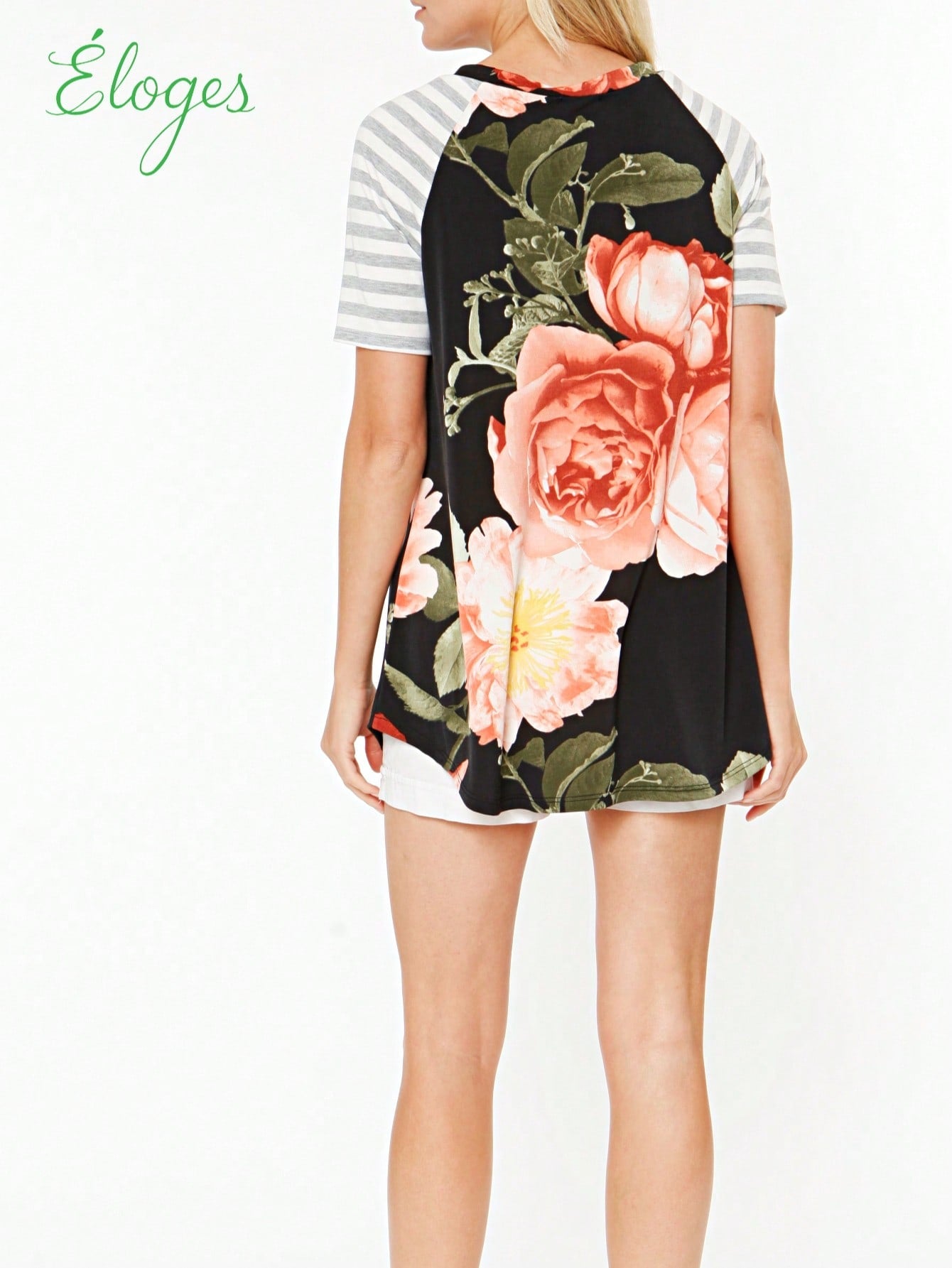Summer Cool Floral Stripe Raglan Stripe Sleeve Top T Shirt Blouse |  Small -3 XL