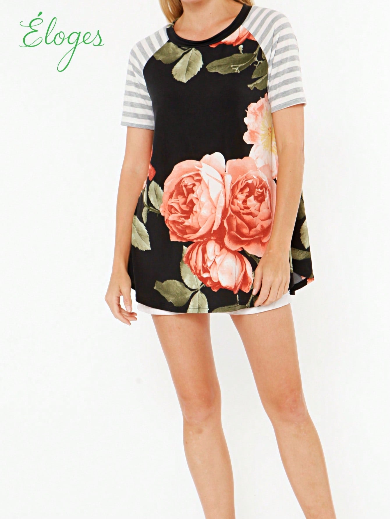 Summer Cool Floral Stripe Raglan Stripe Sleeve Top T Shirt Blouse |  Small -3 XL