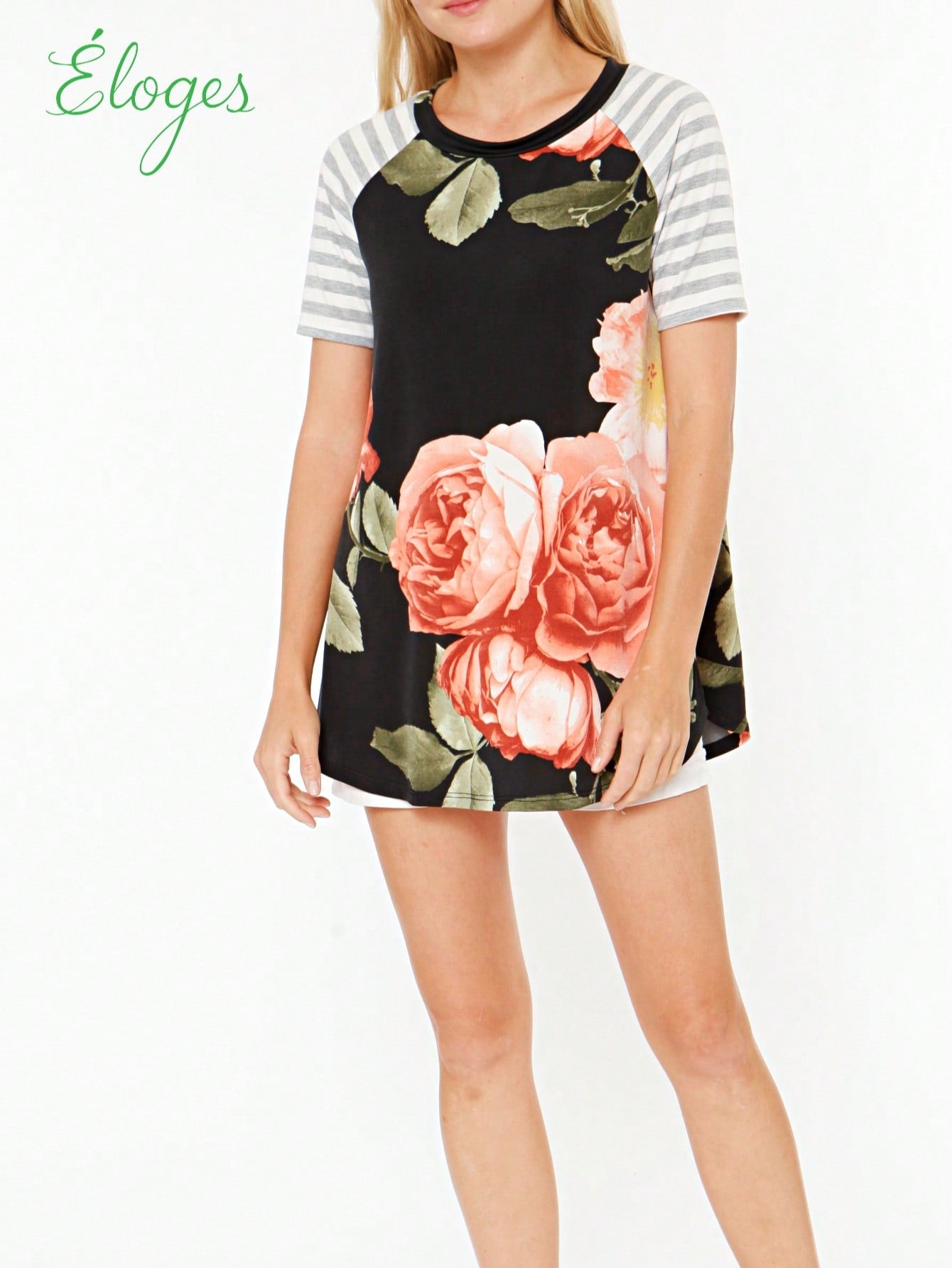 Summer Cool Floral Stripe Raglan Stripe Sleeve Top T Shirt Blouse |  Small -3 XL