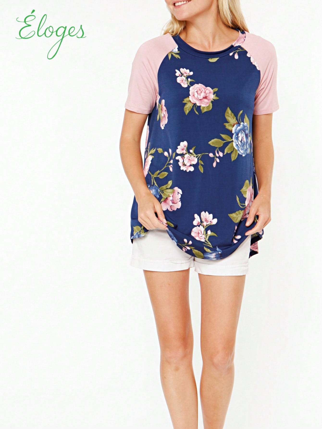 Summer Cool Floral Stripe Raglan Stripe Sleeve Top T Shirt Blouse |  Small -3 XL