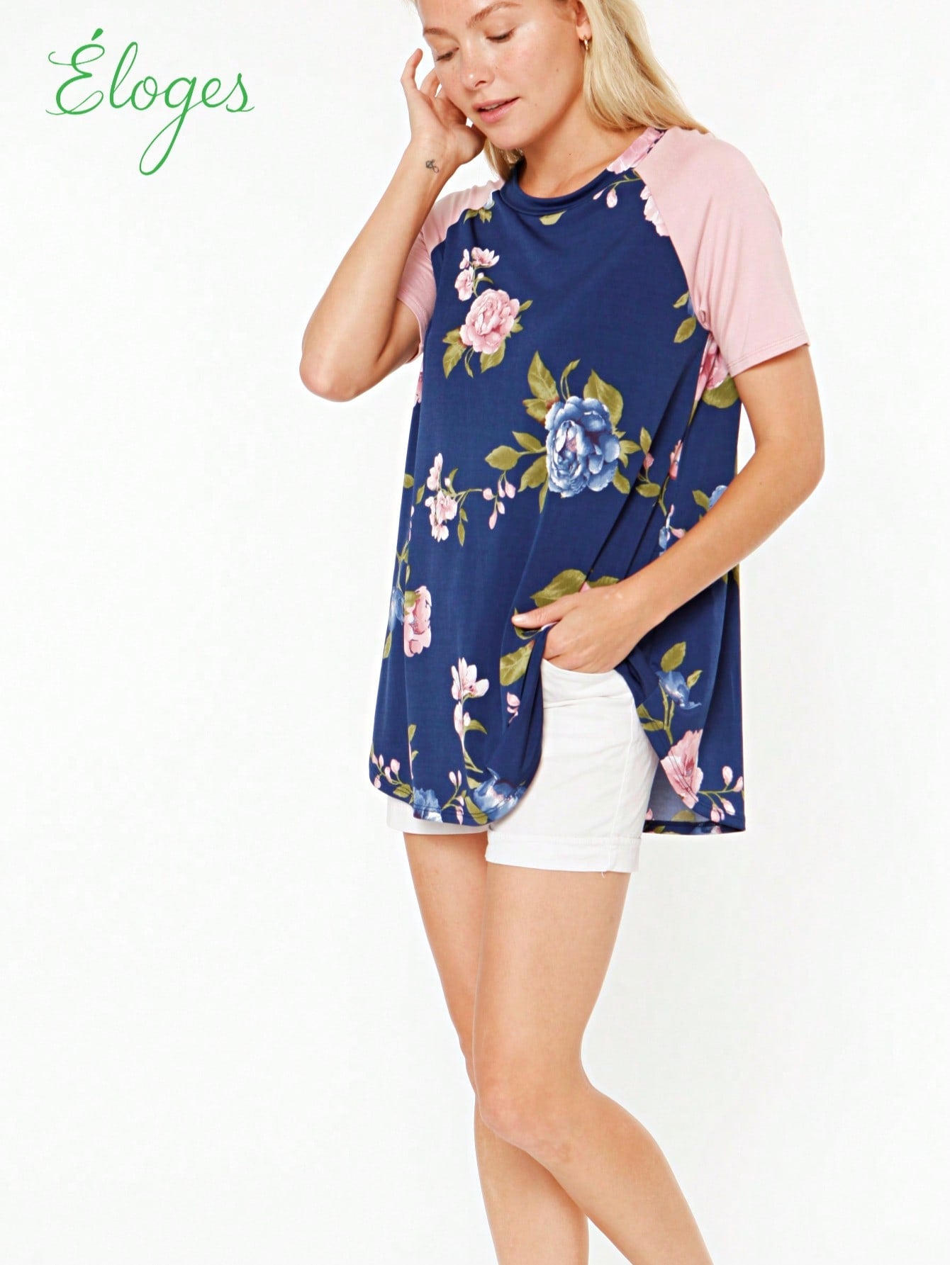 Summer Cool Floral Stripe Raglan Stripe Sleeve Top T Shirt Blouse |  Small -3 XL