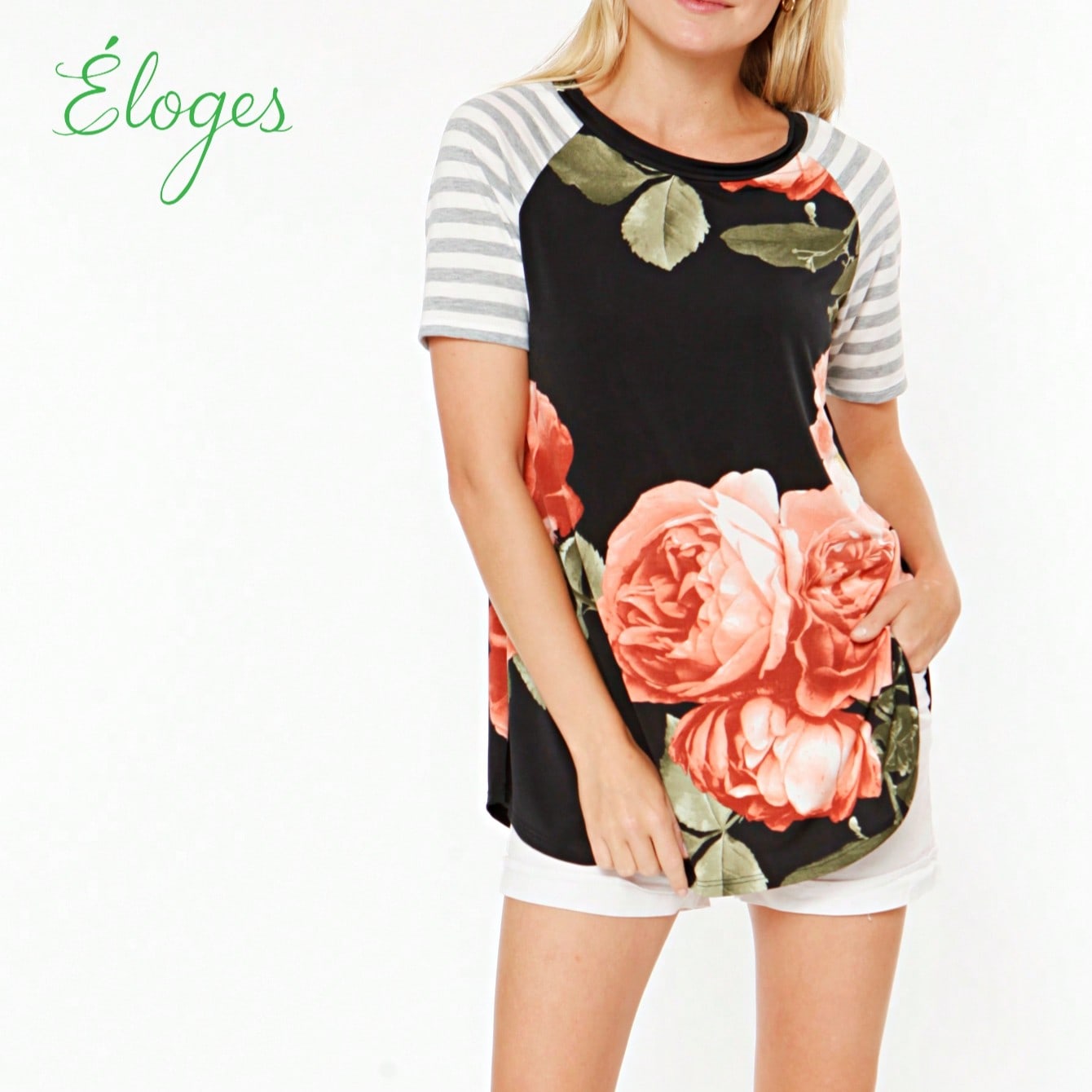 Summer Cool Floral Stripe Raglan Stripe Sleeve Top T Shirt Blouse |  Small -3 XL