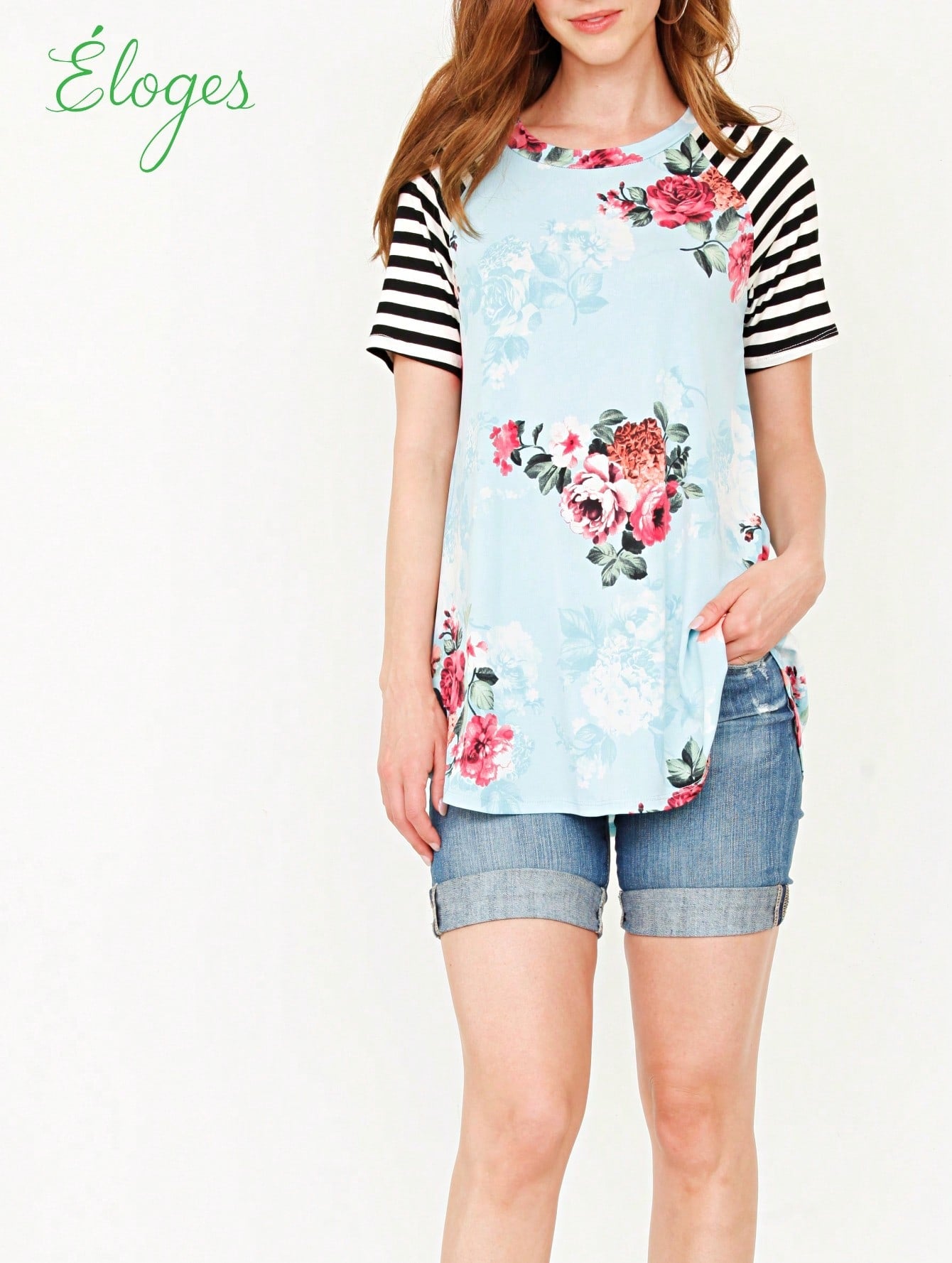 Summer Cool Floral Stripe Raglan Stripe Sleeve Top T Shirt Blouse |  Small -3 XL