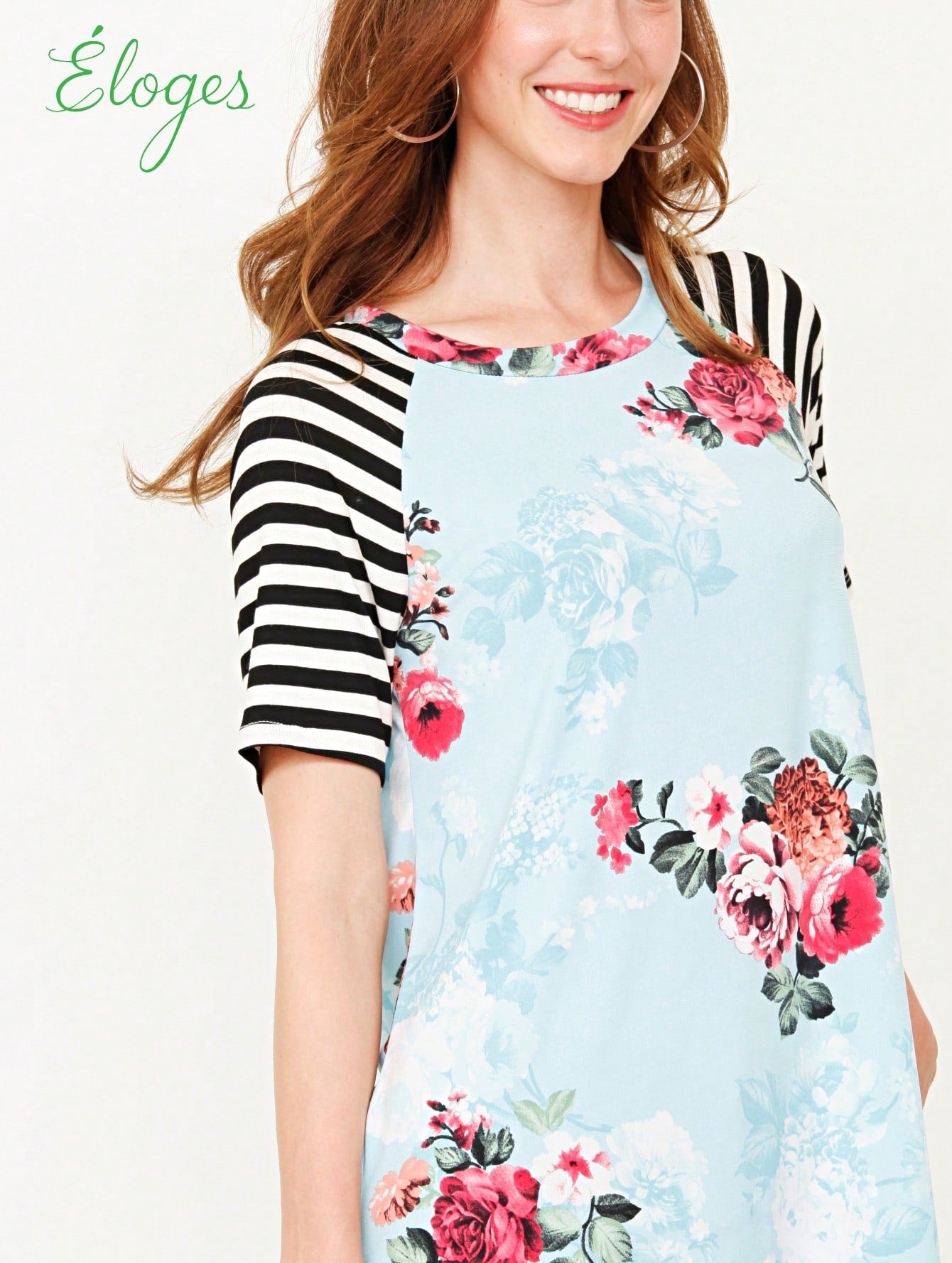 Summer Cool Floral Stripe Raglan Stripe Sleeve Top T Shirt Blouse |  Small -3 XL