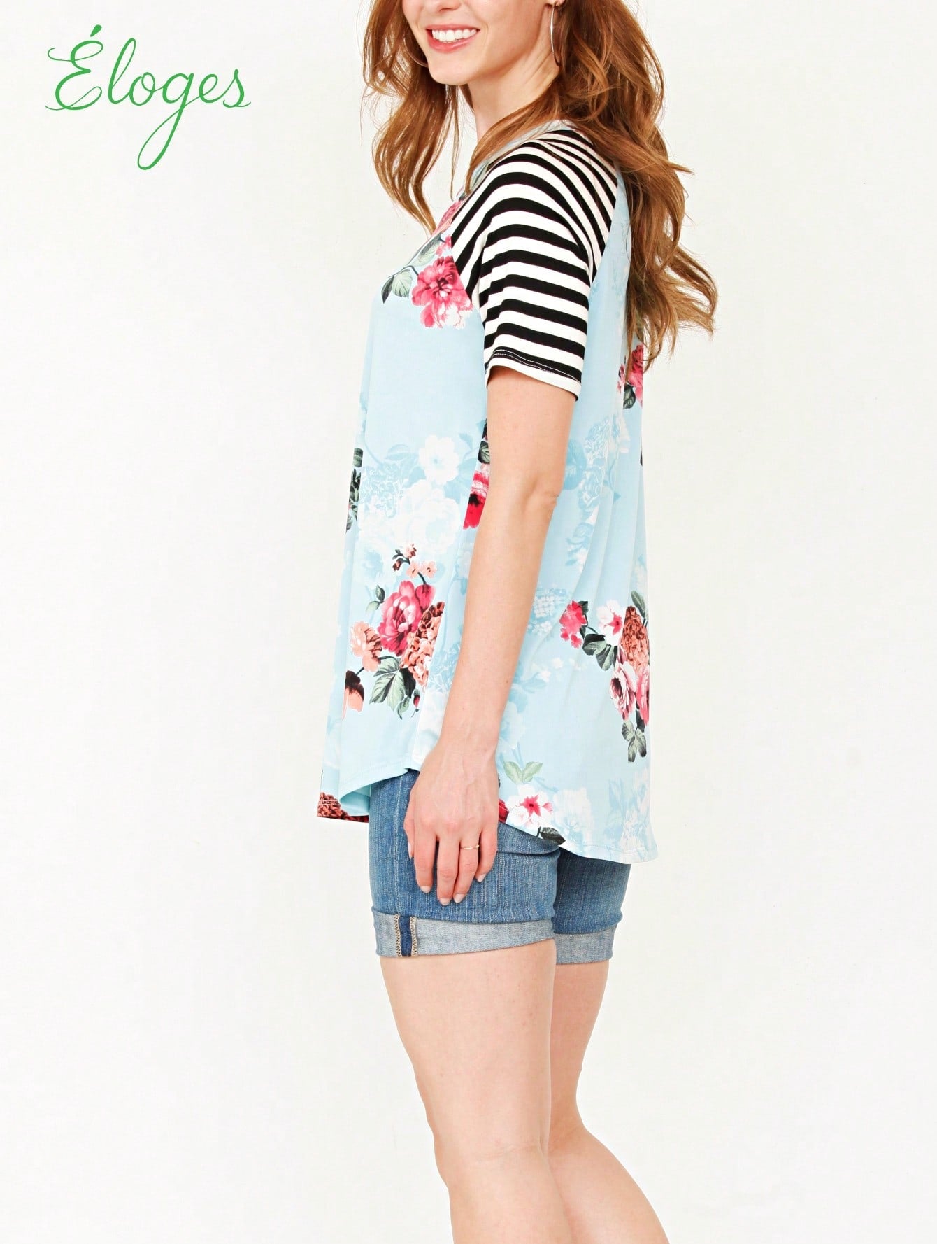 Summer Cool Floral Stripe Raglan Stripe Sleeve Top T Shirt Blouse |  Small -3 XL