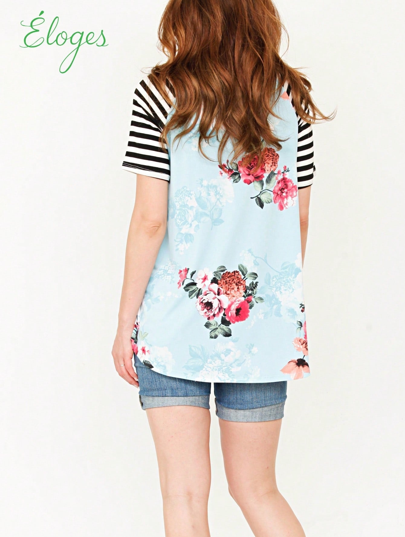 Summer Cool Floral Stripe Raglan Stripe Sleeve Top T Shirt Blouse |  Small -3 XL