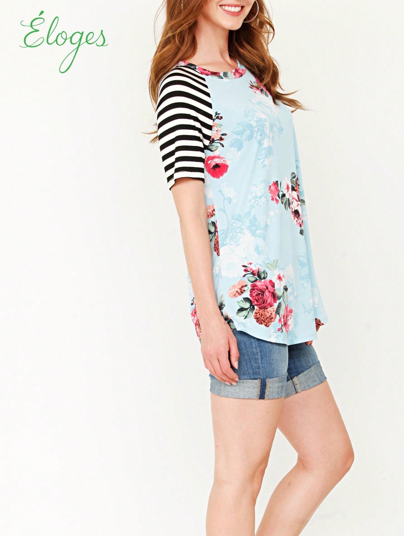 Summer Cool Floral Stripe Raglan Stripe Sleeve Top T Shirt Blouse |  Small -3 XL