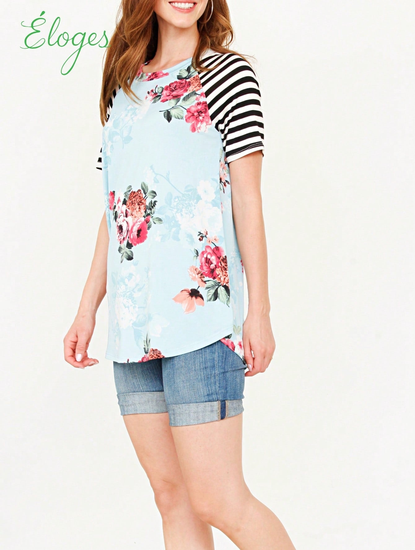 Summer Cool Floral Stripe Raglan Stripe Sleeve Top T Shirt Blouse |  Small -3 XL