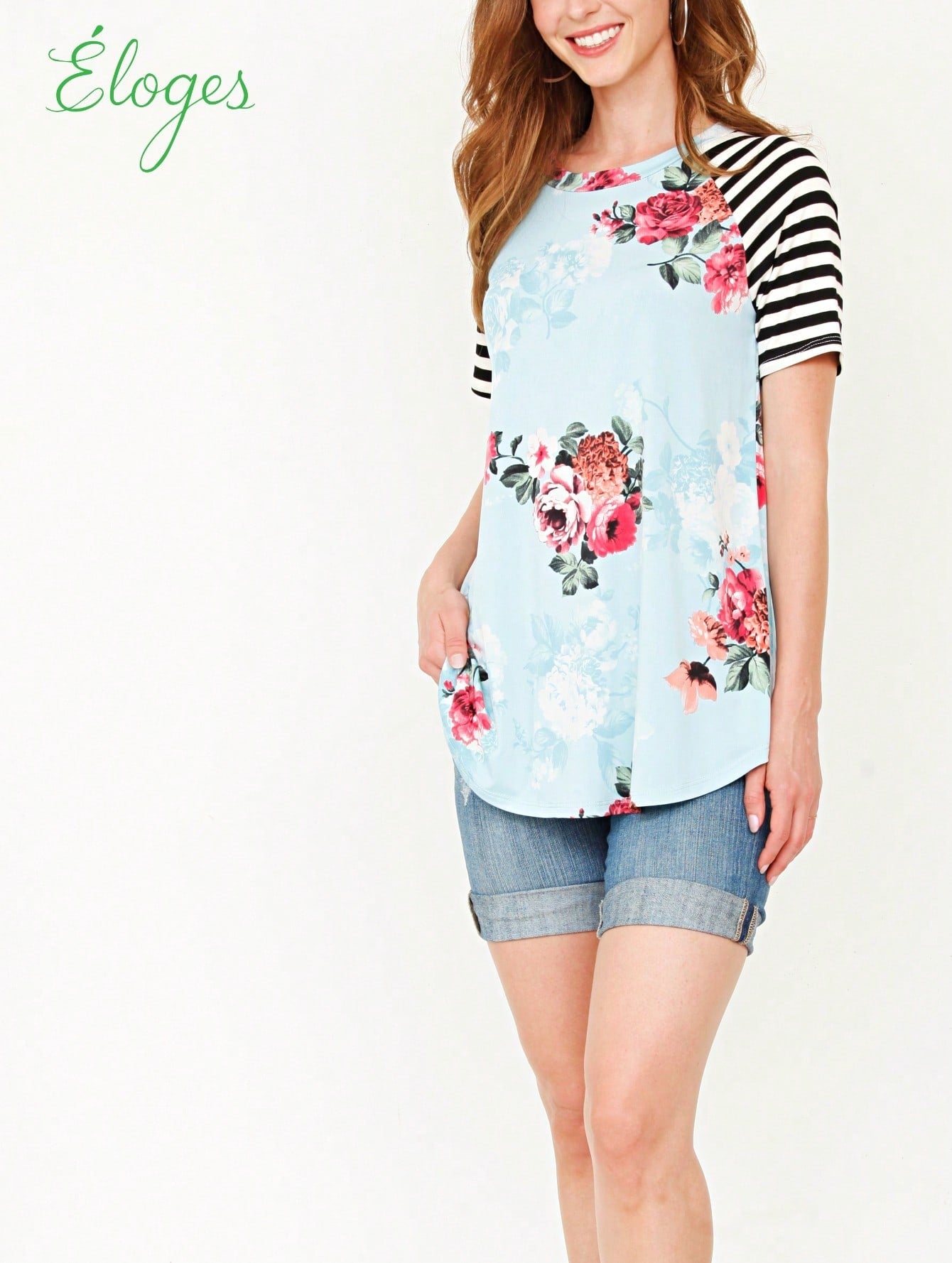 Summer Cool Floral Stripe Raglan Stripe Sleeve Top T Shirt Blouse |  Small -3 XL