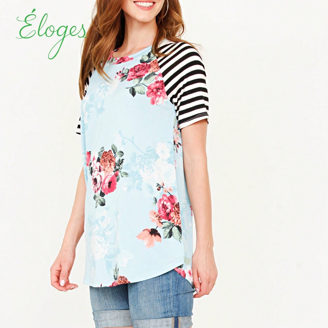 Summer Cool Floral Stripe Raglan Stripe Sleeve Top T Shirt Blouse |  Small -3 XL
