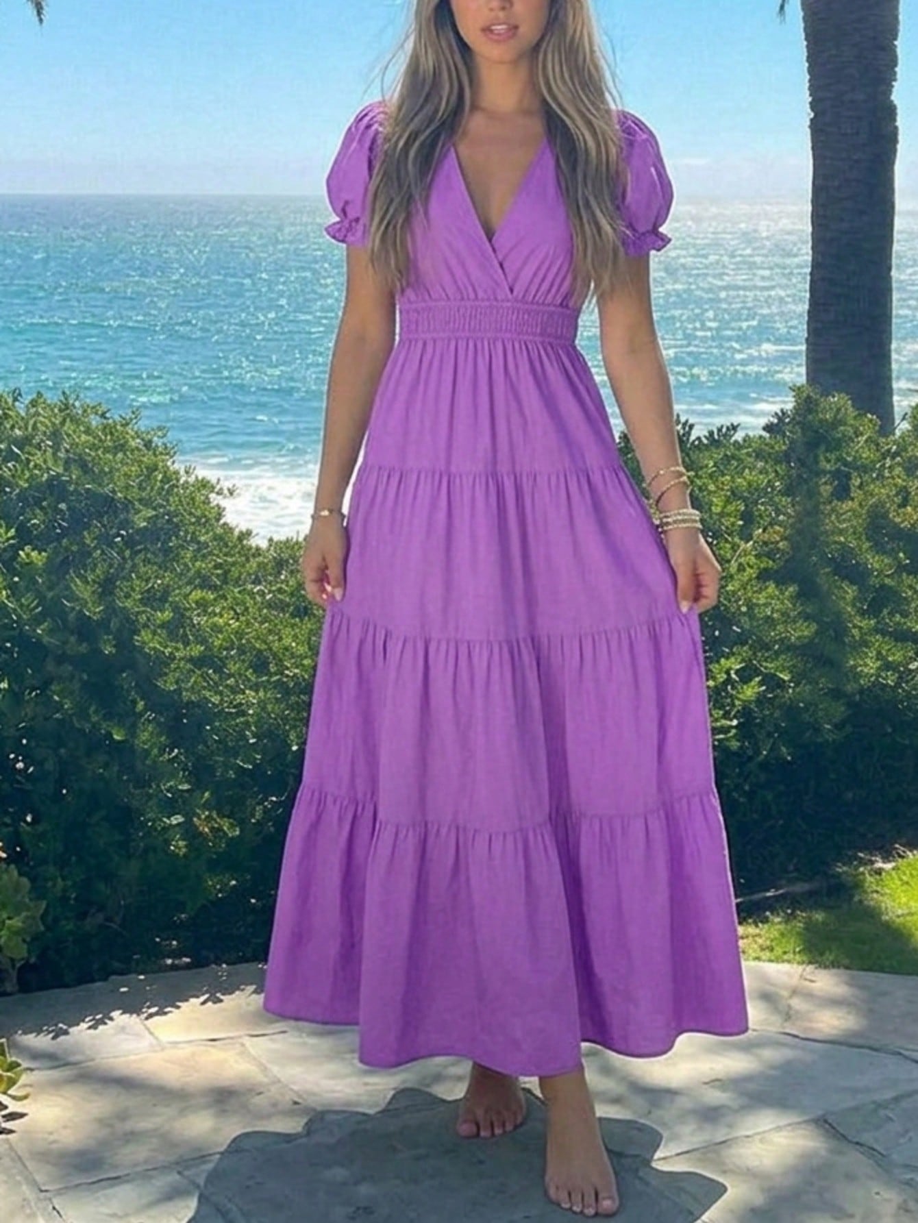 Boho Vacation Blue  Elegant Classic Tiered Maxi Long Shirt  Dress With Belt  Versatile Summer Dress For Women