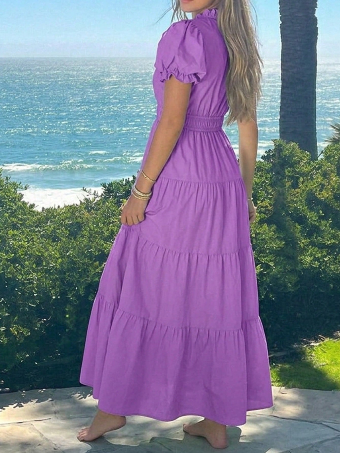 Boho Vacation Blue  Elegant Classic Tiered Maxi Long Shirt  Dress With Belt  Versatile Summer Dress For Women