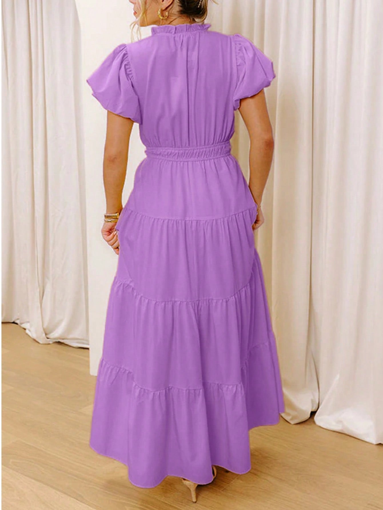 Boho Vacation Blue  Elegant Classic Tiered Maxi Long Shirt  Dress With Belt  Versatile Summer Dress For Women