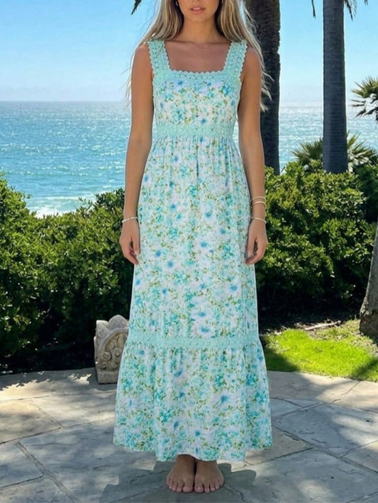 Boho Vacation Blue  Elegant Classic Tiered Maxi Long Shirt  Dress With Belt  Versatile Summer Dress For Women