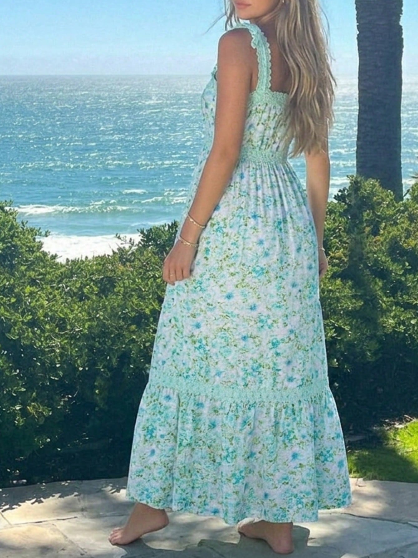 Boho Vacation Blue  Elegant Classic Tiered Maxi Long Shirt  Dress With Belt  Versatile Summer Dress For Women