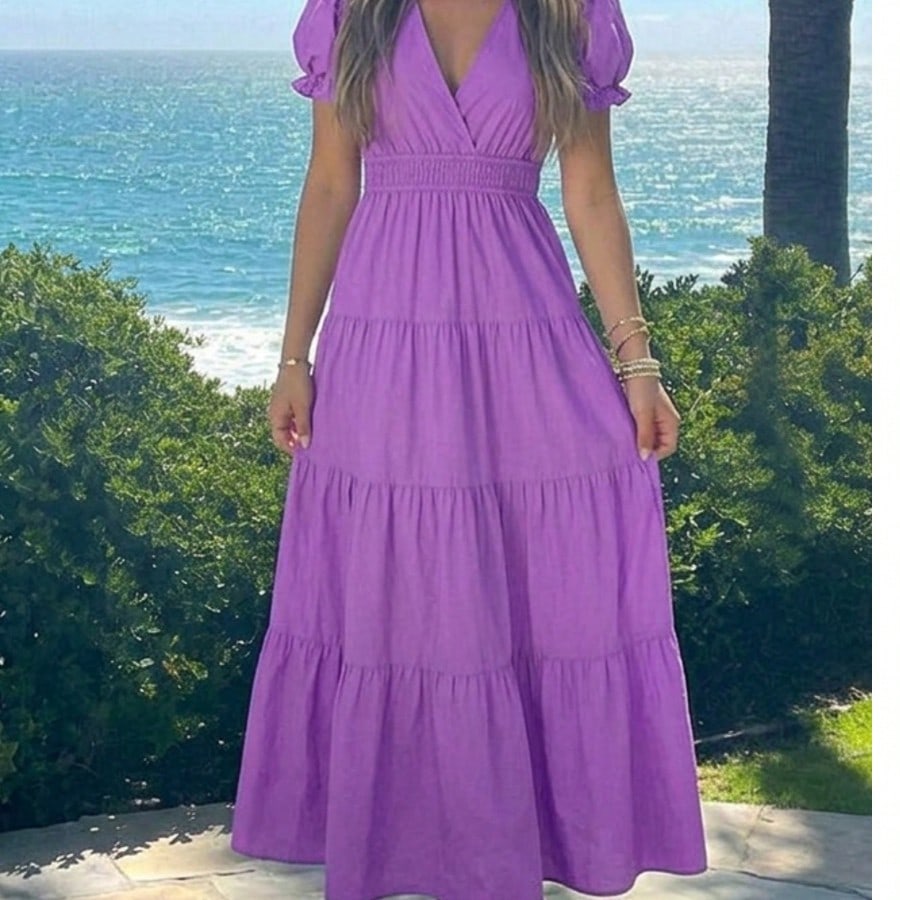 Boho Vacation Blue  Elegant Classic Tiered Maxi Long Shirt  Dress With Belt  Versatile Summer Dress For Women