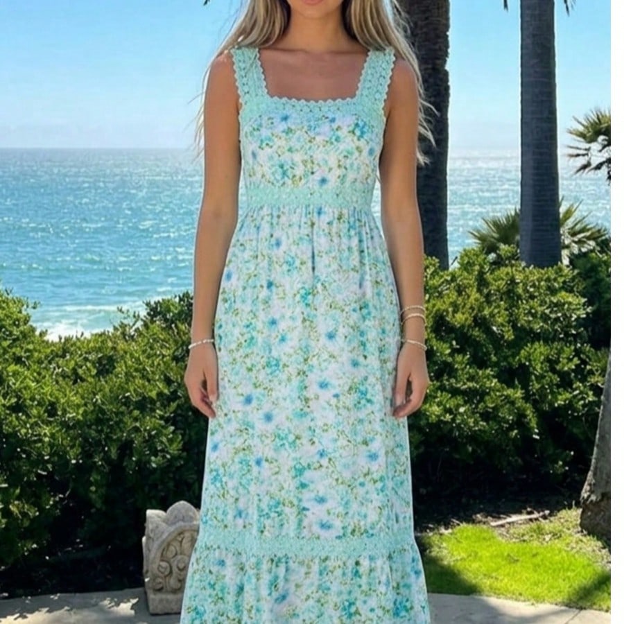 Boho Vacation Blue  Elegant Classic Tiered Maxi Long Shirt  Dress With Belt  Versatile Summer Dress For Women