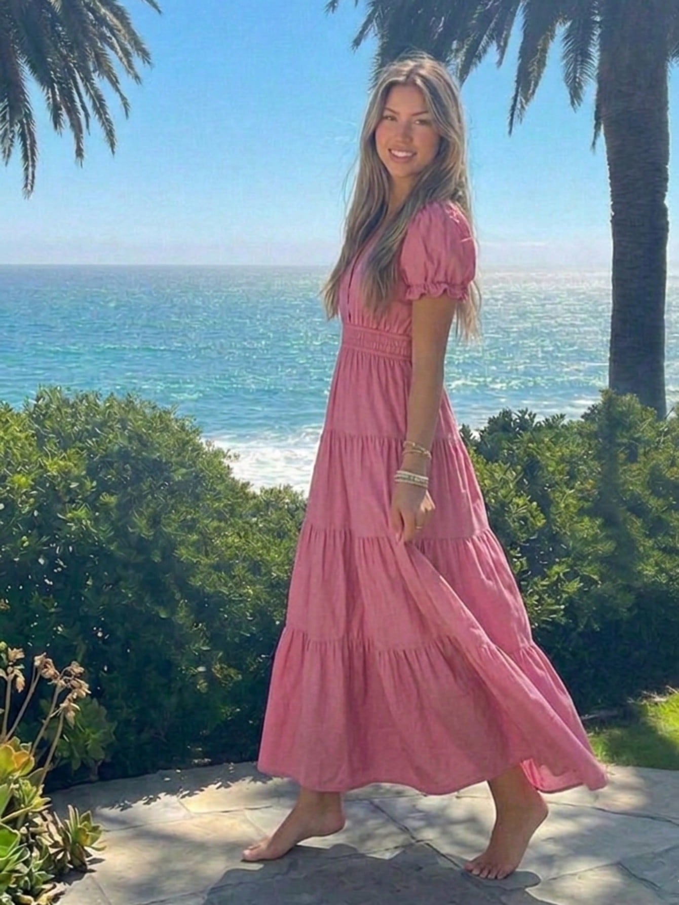 Boho Vacation Blue  Elegant Classic Tiered Maxi Long Shirt  Dress With Belt  Versatile Summer Dress For Women