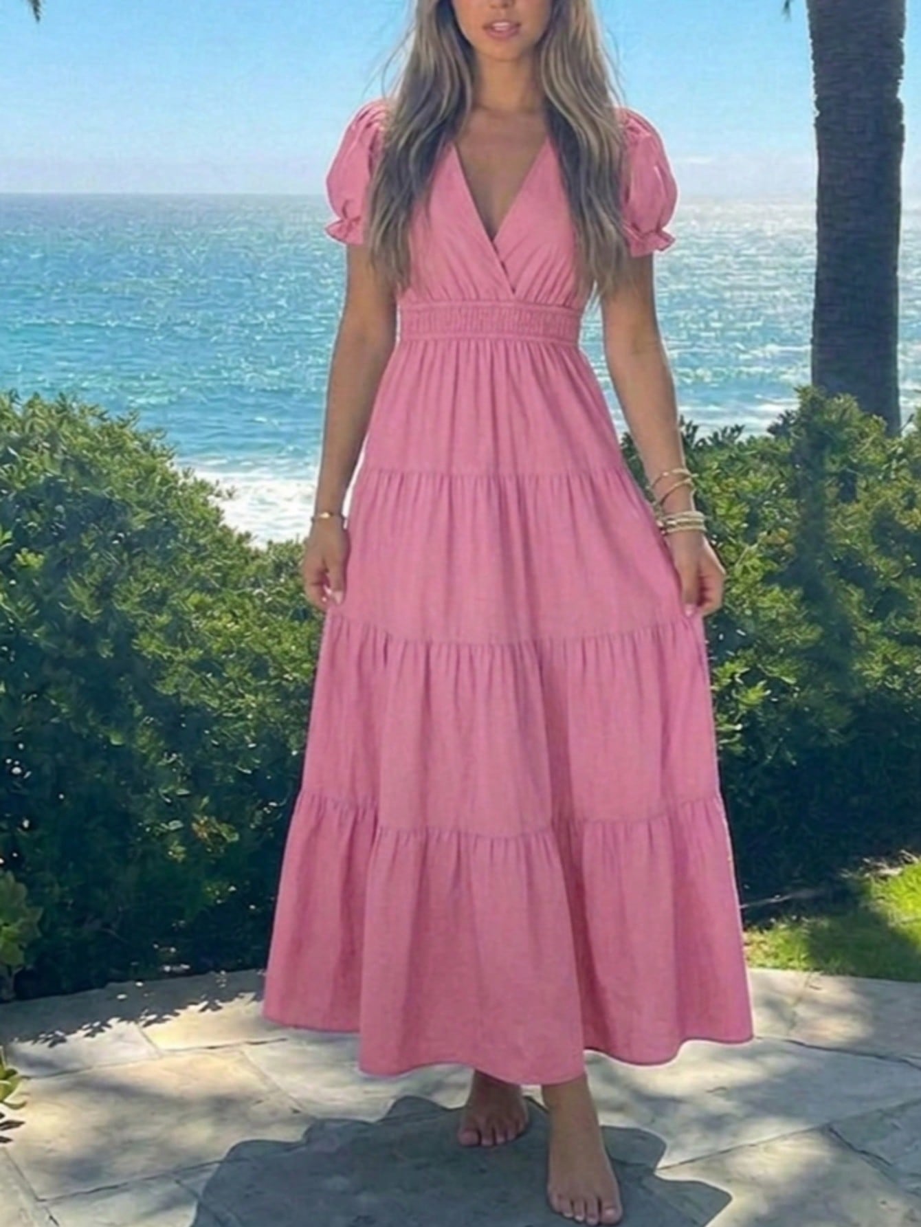 Boho Vacation Blue  Elegant Classic Tiered Maxi Long Shirt  Dress With Belt  Versatile Summer Dress For Women