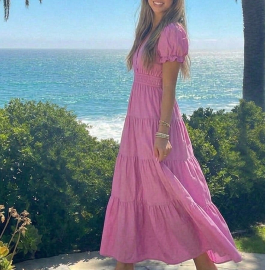 Boho Vacation Blue  Elegant Classic Tiered Maxi Long Shirt  Dress With Belt  Versatile Summer Dress For Women