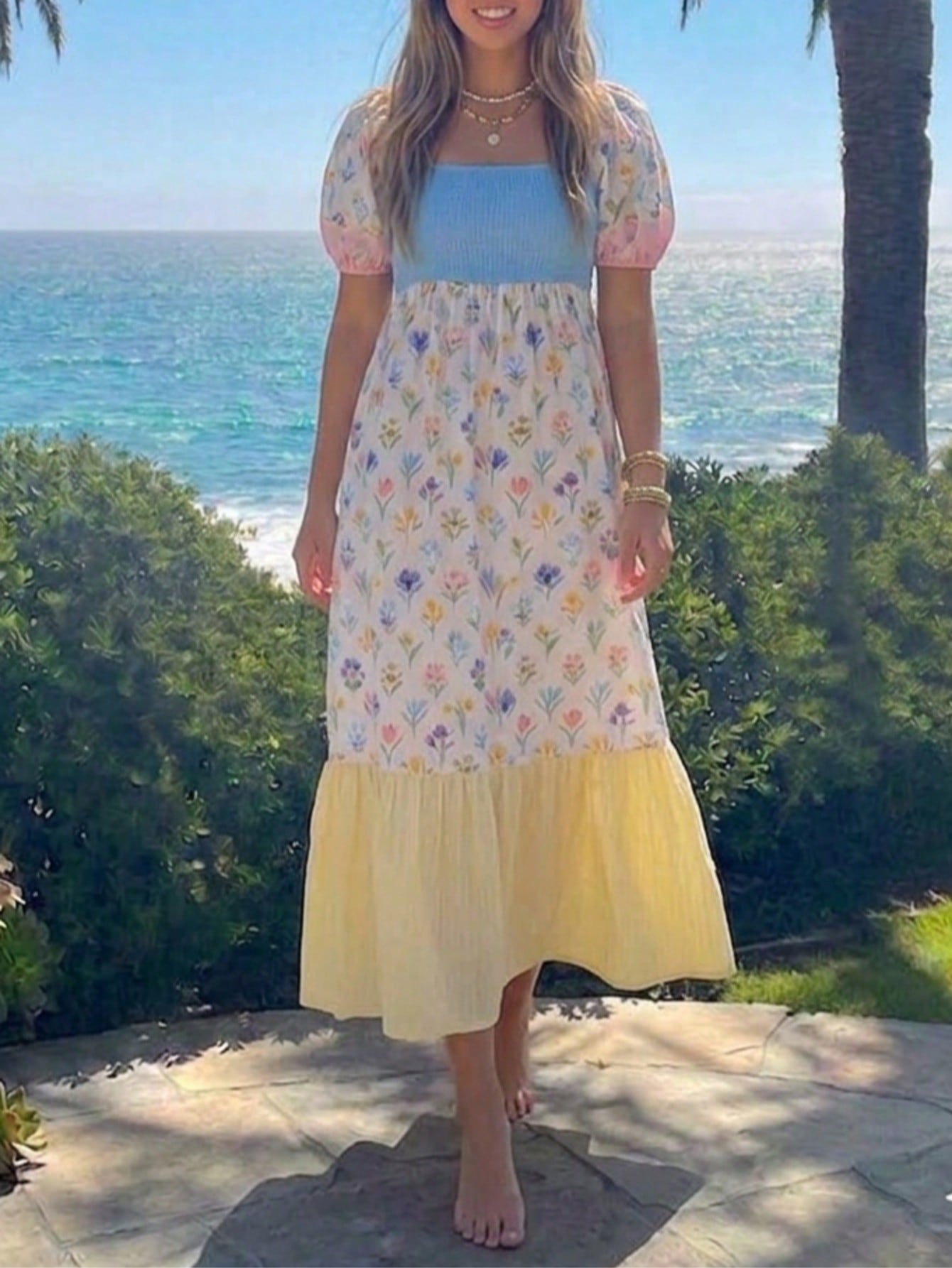 Boho Vacation Blue  Elegant Classic Tiered Maxi Long Shirt  Dress With Belt  Versatile Summer Dress For Women