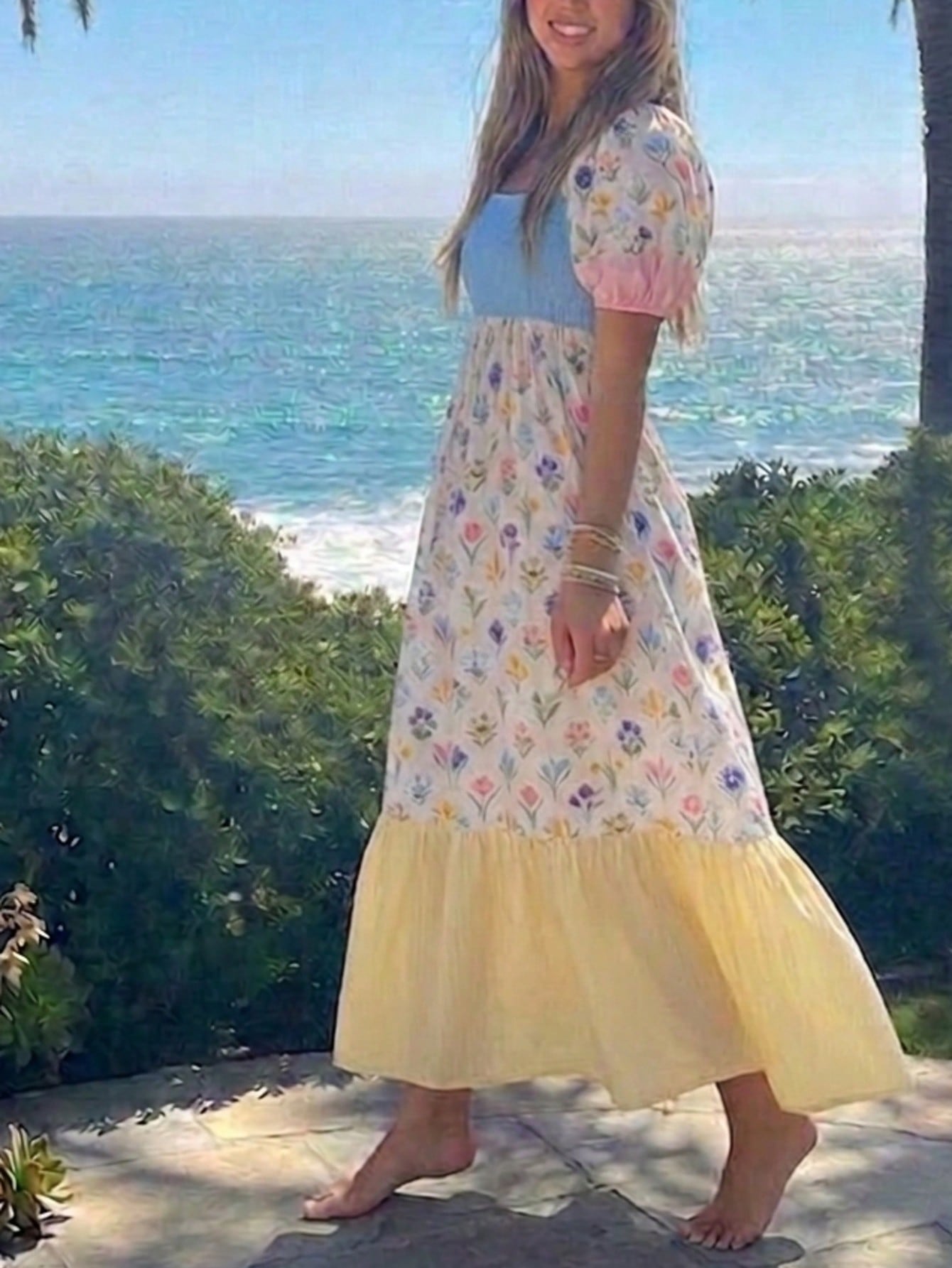 Boho Vacation Blue  Elegant Classic Tiered Maxi Long Shirt  Dress With Belt  Versatile Summer Dress For Women