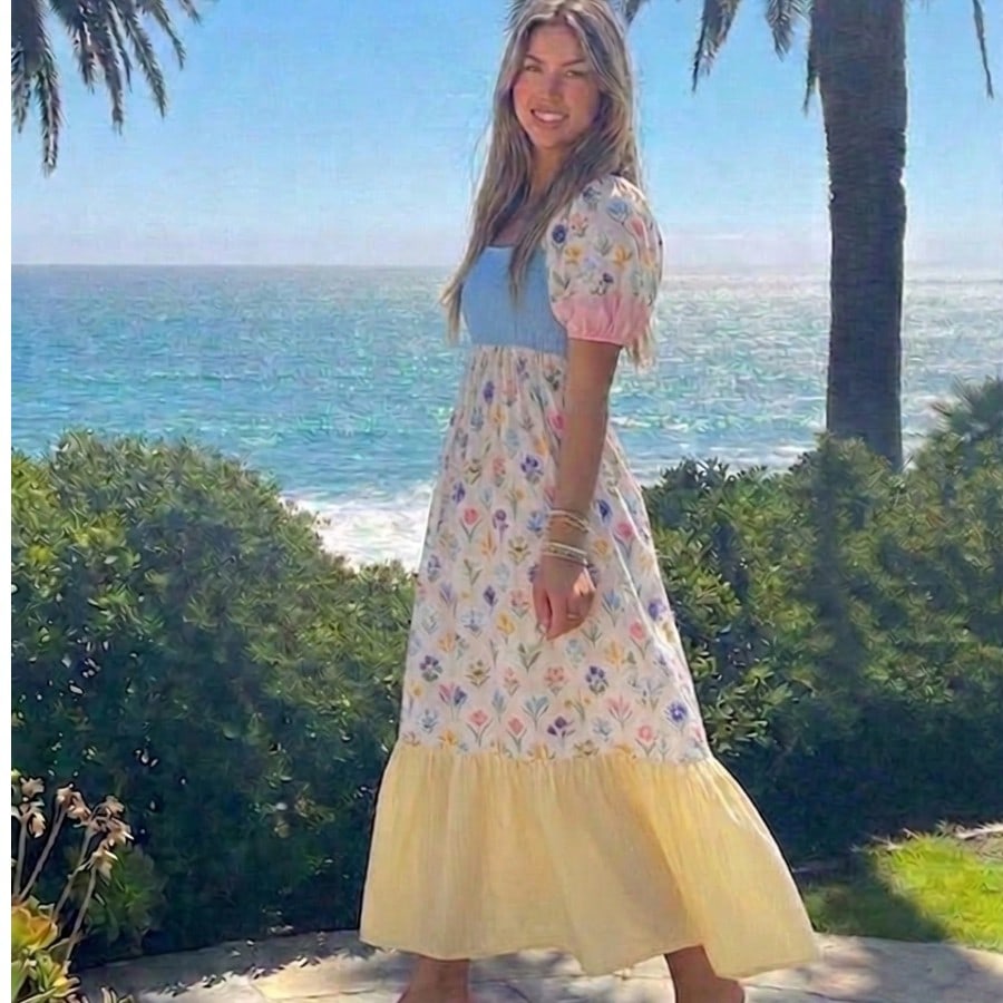 Boho Vacation Blue  Elegant Classic Tiered Maxi Long Shirt  Dress With Belt  Versatile Summer Dress For Women