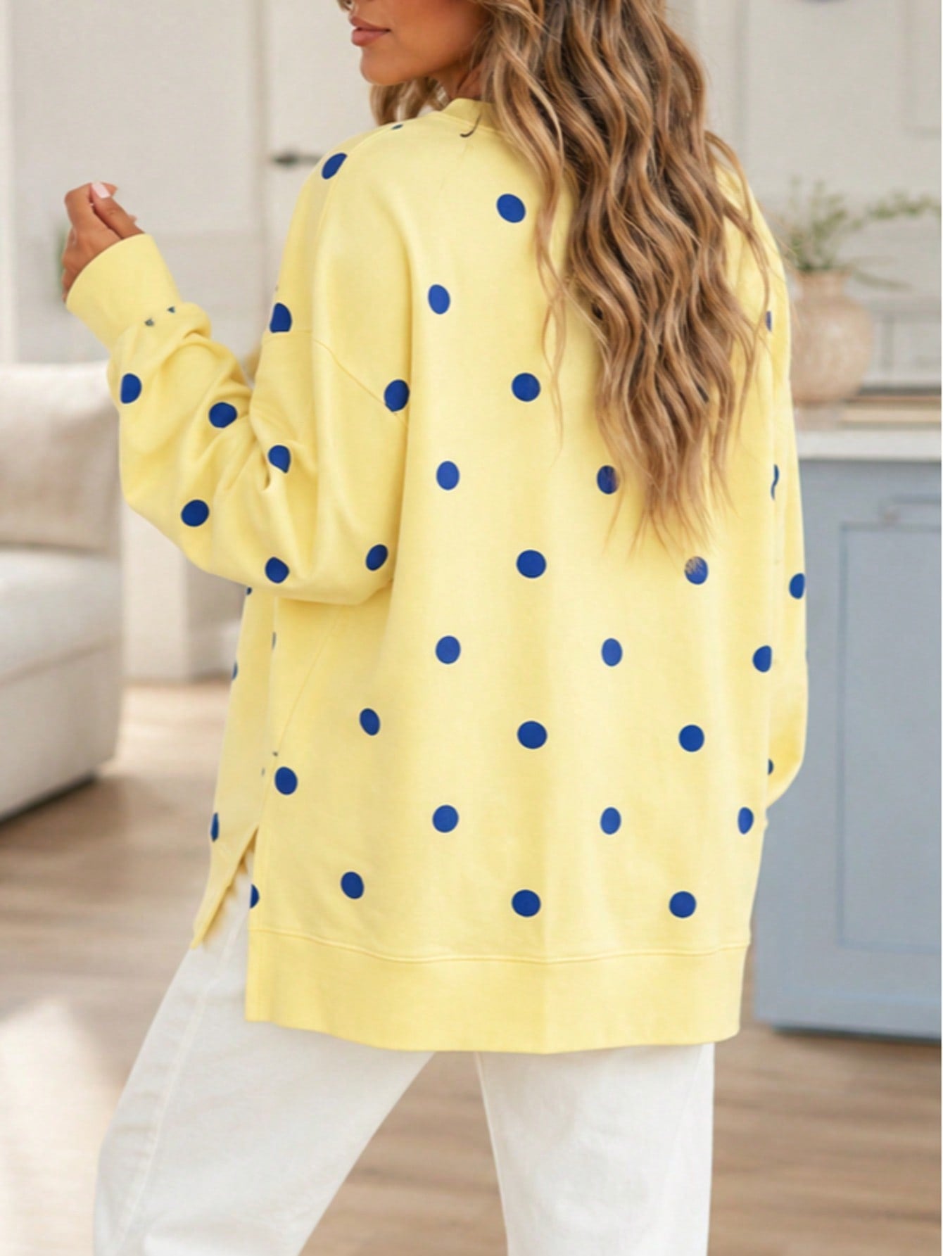 Boho Retro 90's Mix Dot  Drop Shoulder Oversized Side Slit Dolman Shirt Top  Sweatshirt Pullover