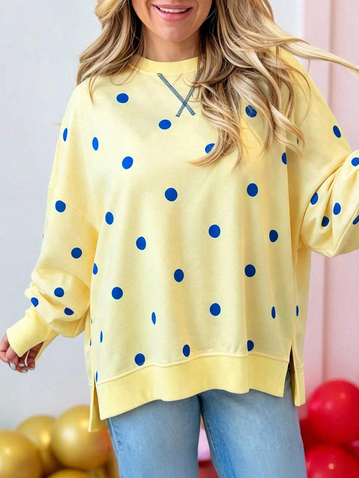 Boho Retro 90's Mix Dot  Drop Shoulder Oversized Side Slit Dolman Shirt Top  Sweatshirt Pullover